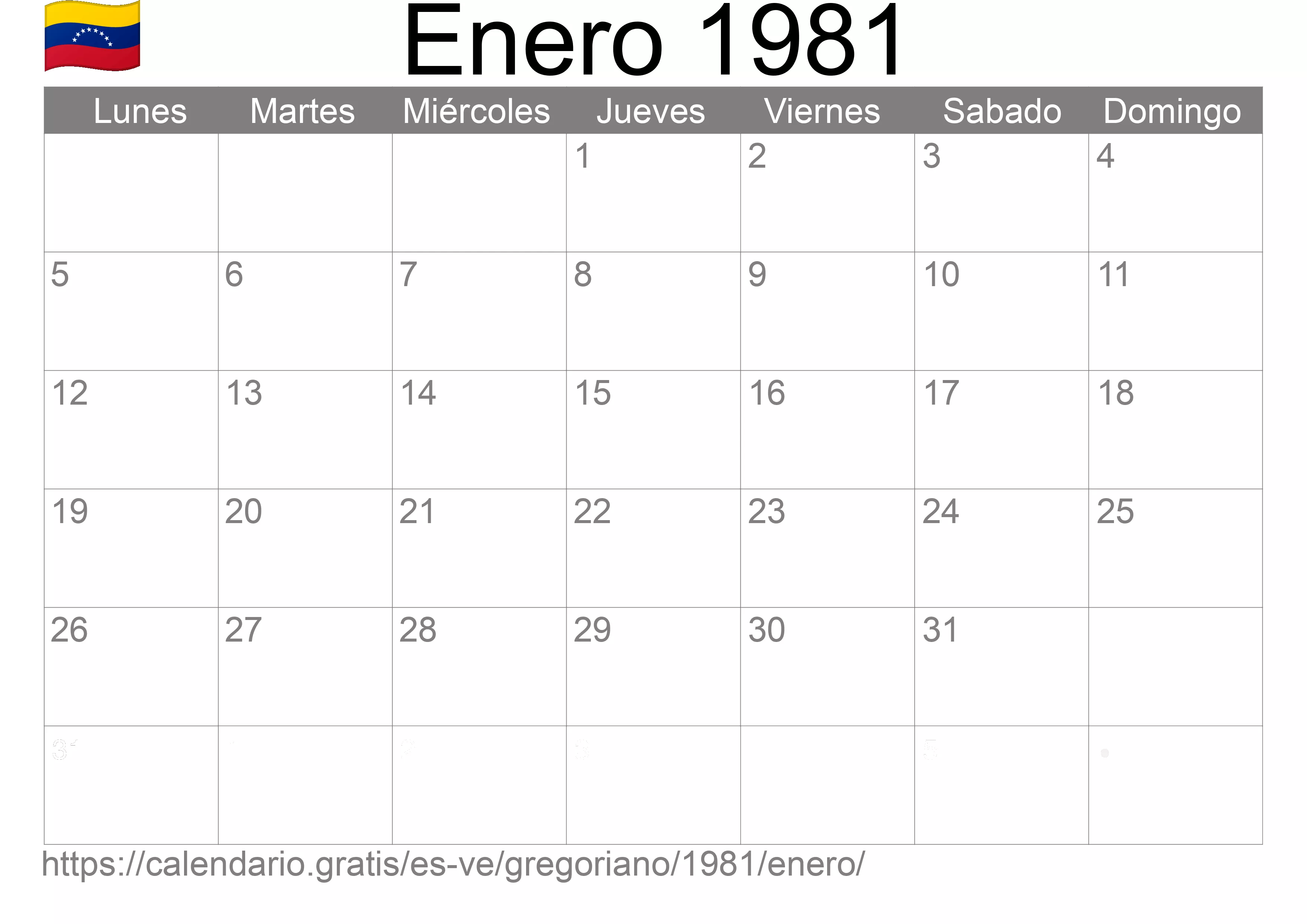 Calendario Enero 1981 para imprimir (Venezuela)
