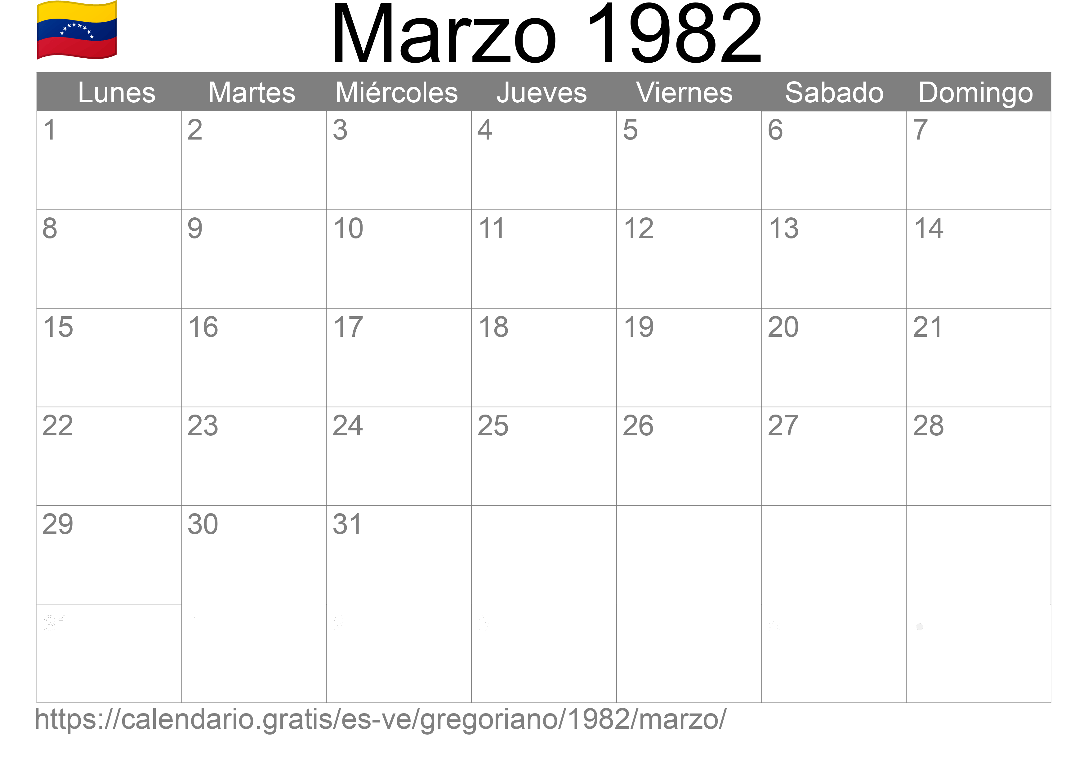 Calendario Marzo 1982 para imprimir