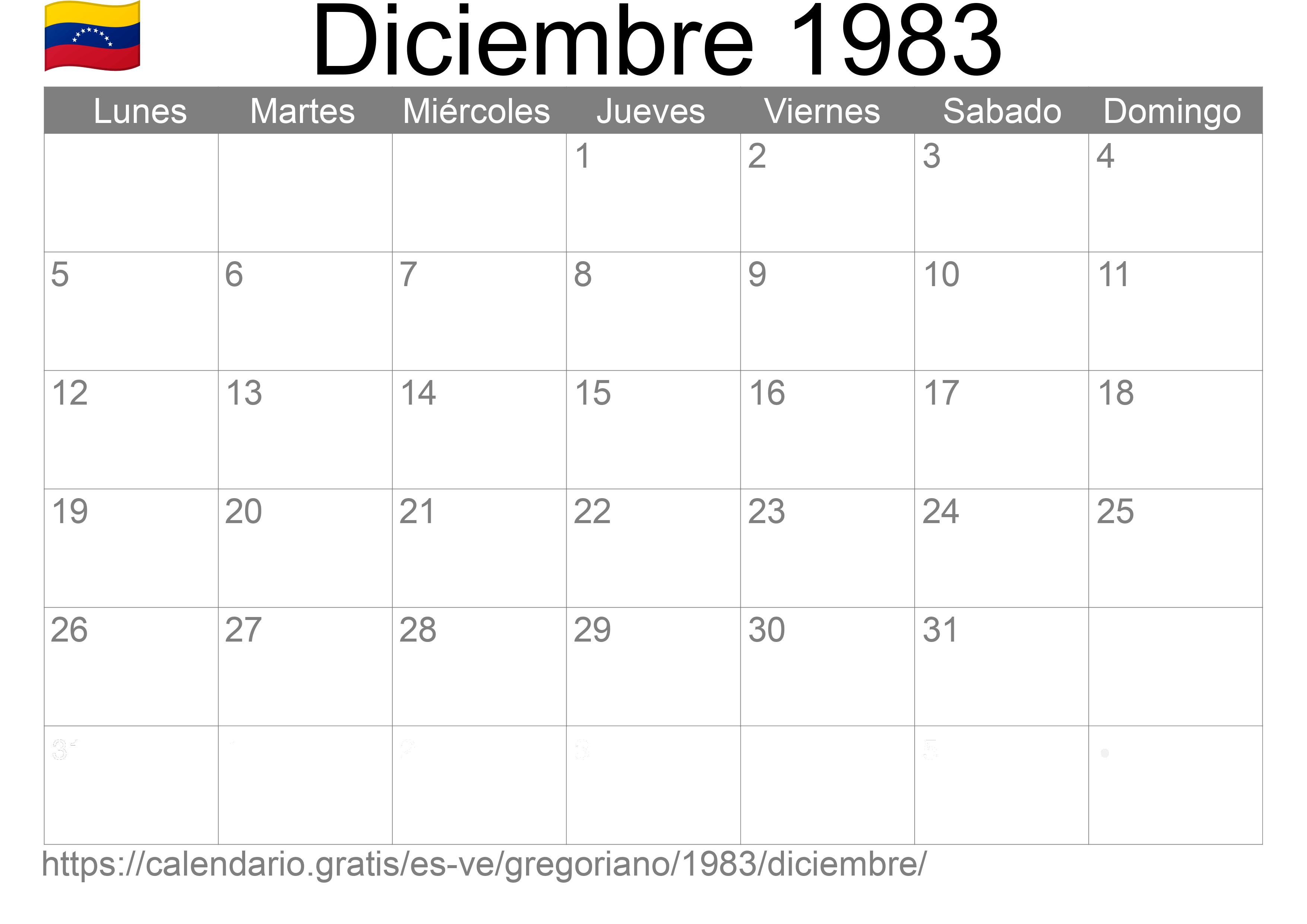 Calendario Diciembre 1983 para imprimir