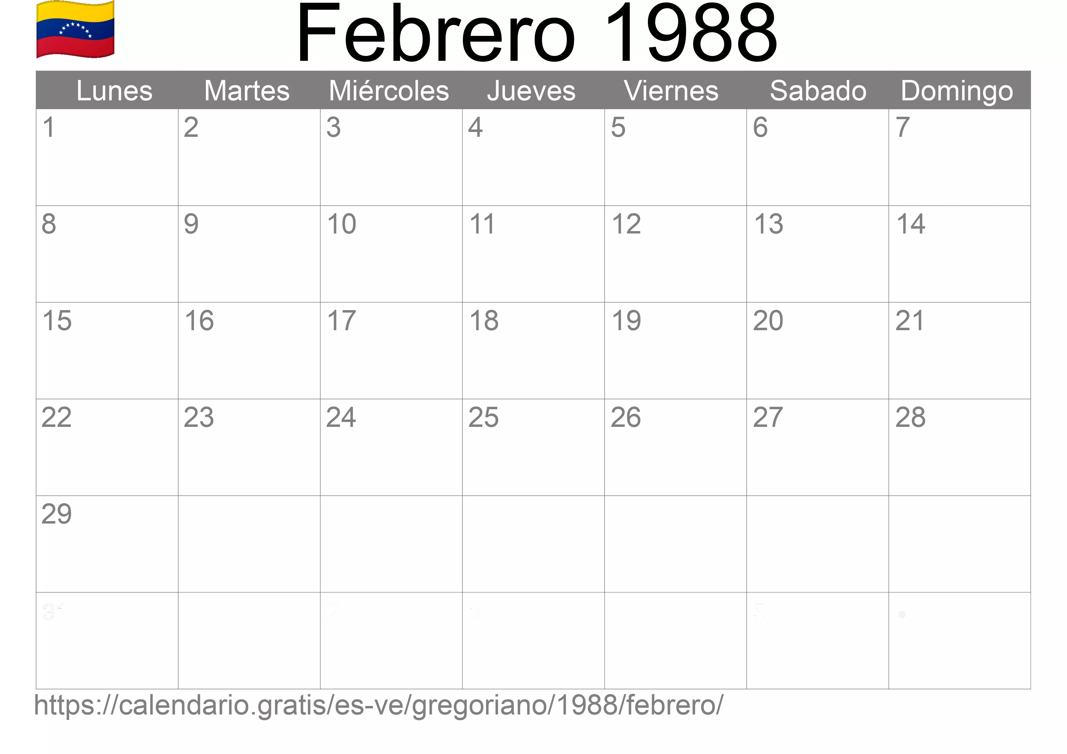 Calendario Febrero 1988 para imprimir (Venezuela)