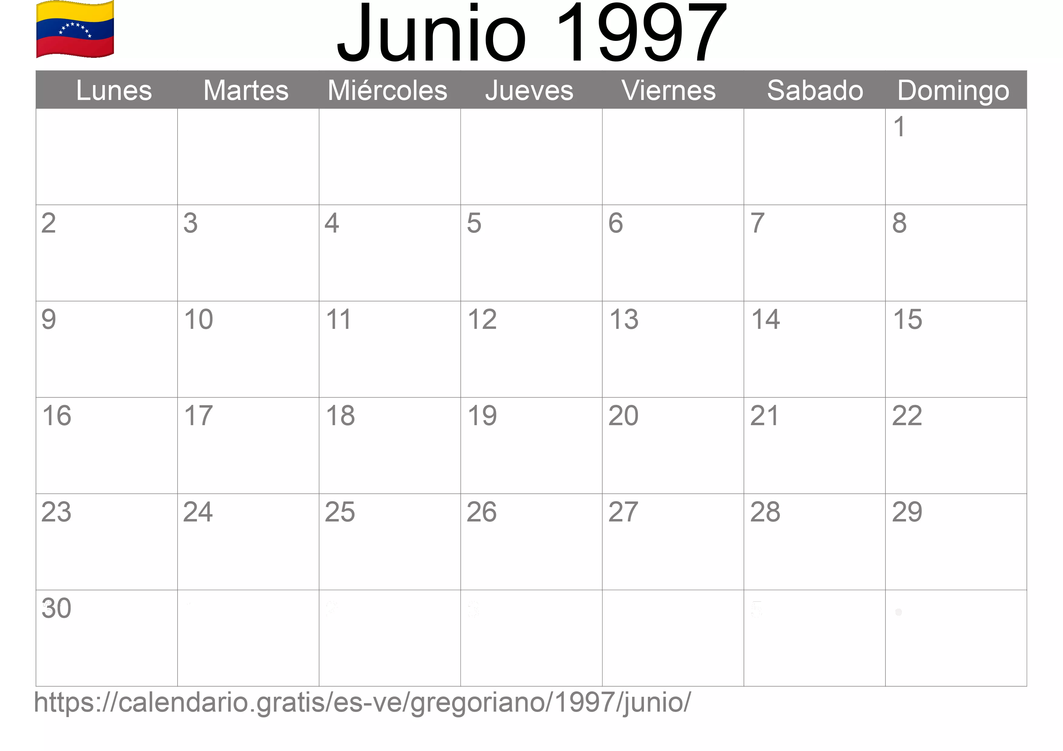 Calendario Junio 1997 para imprimir (Venezuela)