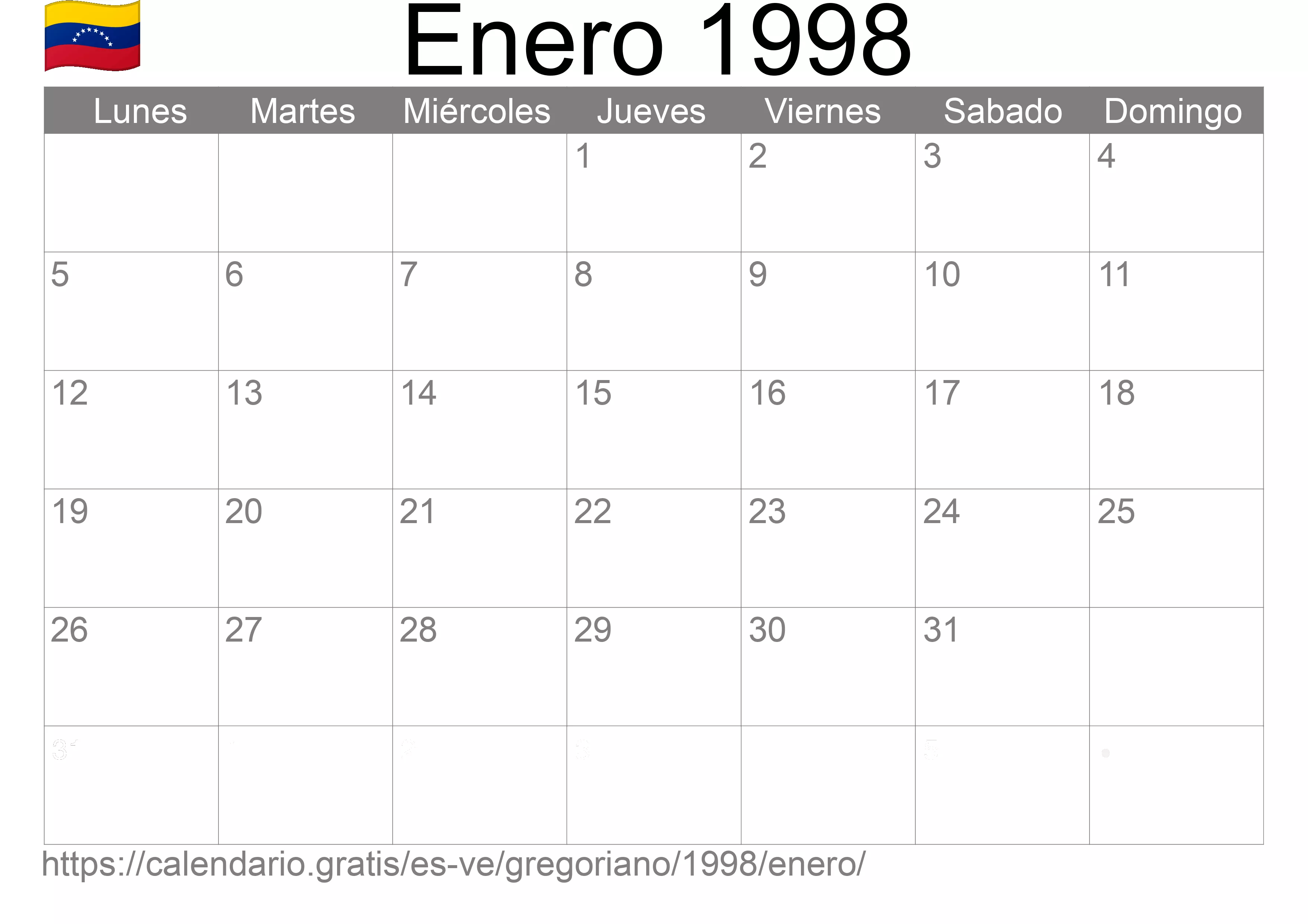 Calendario Enero 1998 para imprimir (Venezuela)