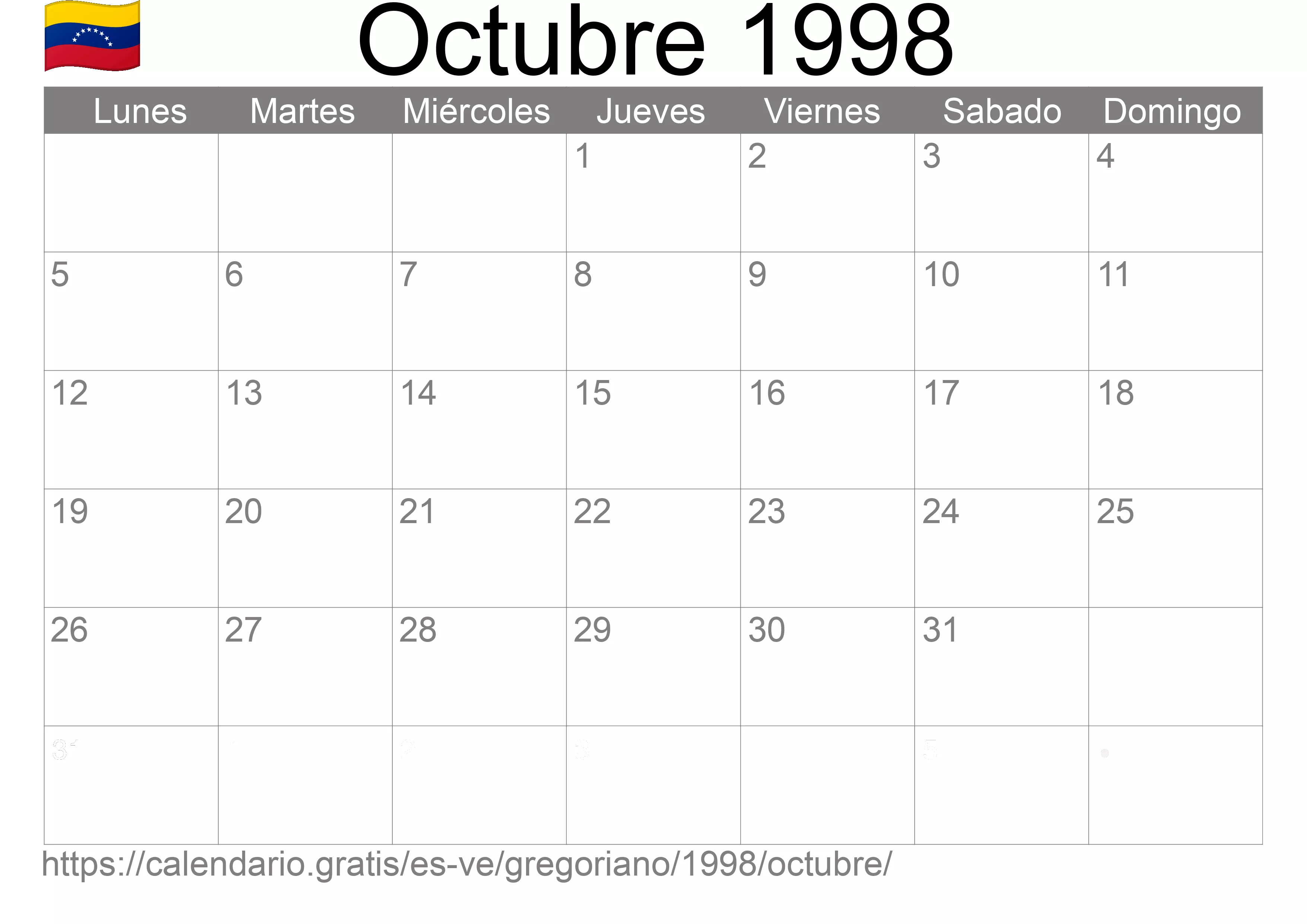Calendario Octubre 1998 para imprimir (Venezuela) Calendario Octubre 1998 para imprimir (Venezuela)