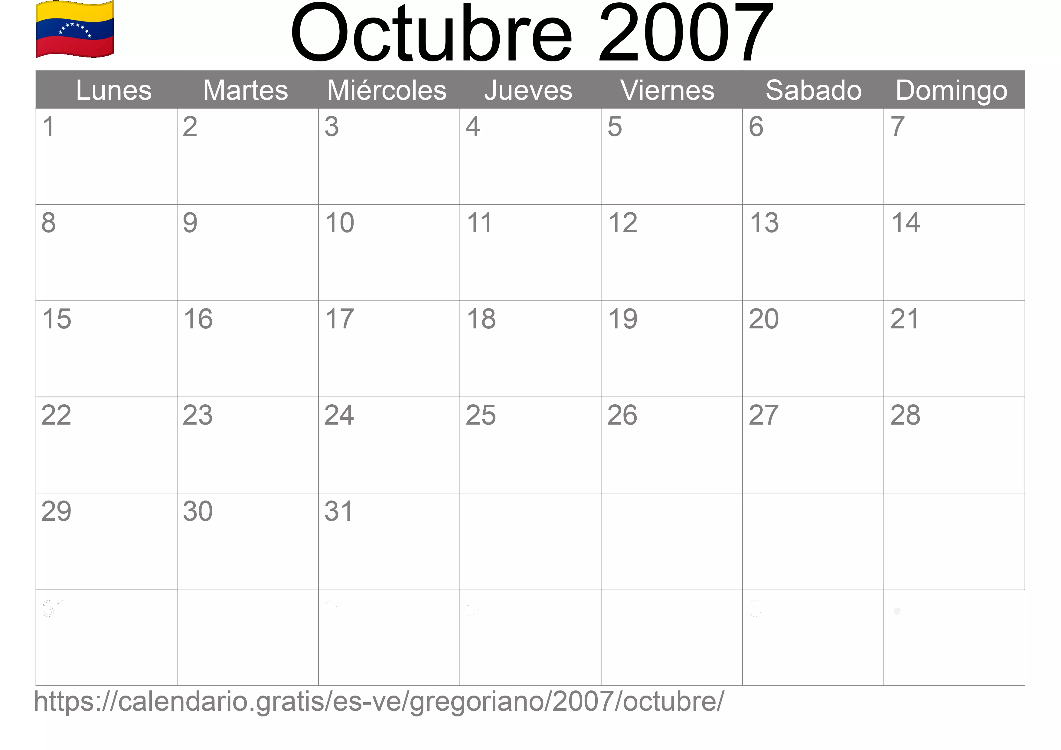 Calendario Octubre 2007 para imprimir (Venezuela) Calendario Octubre 2007 para imprimir (Venezuela)