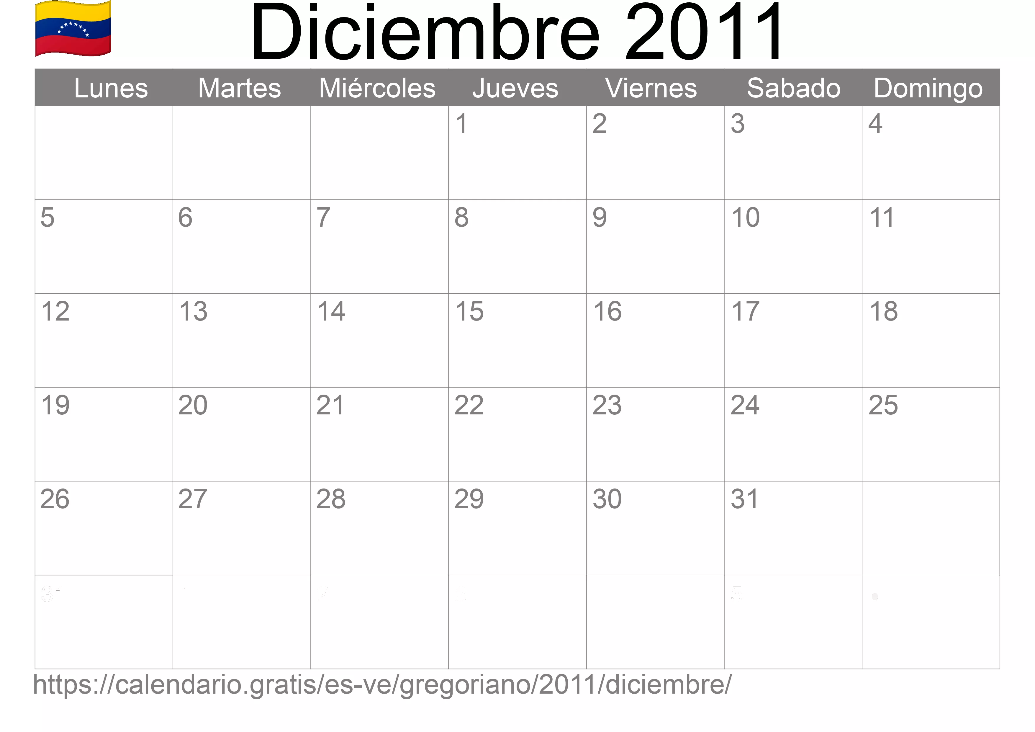 Calendario Diciembre 2011 para imprimir (Venezuela)