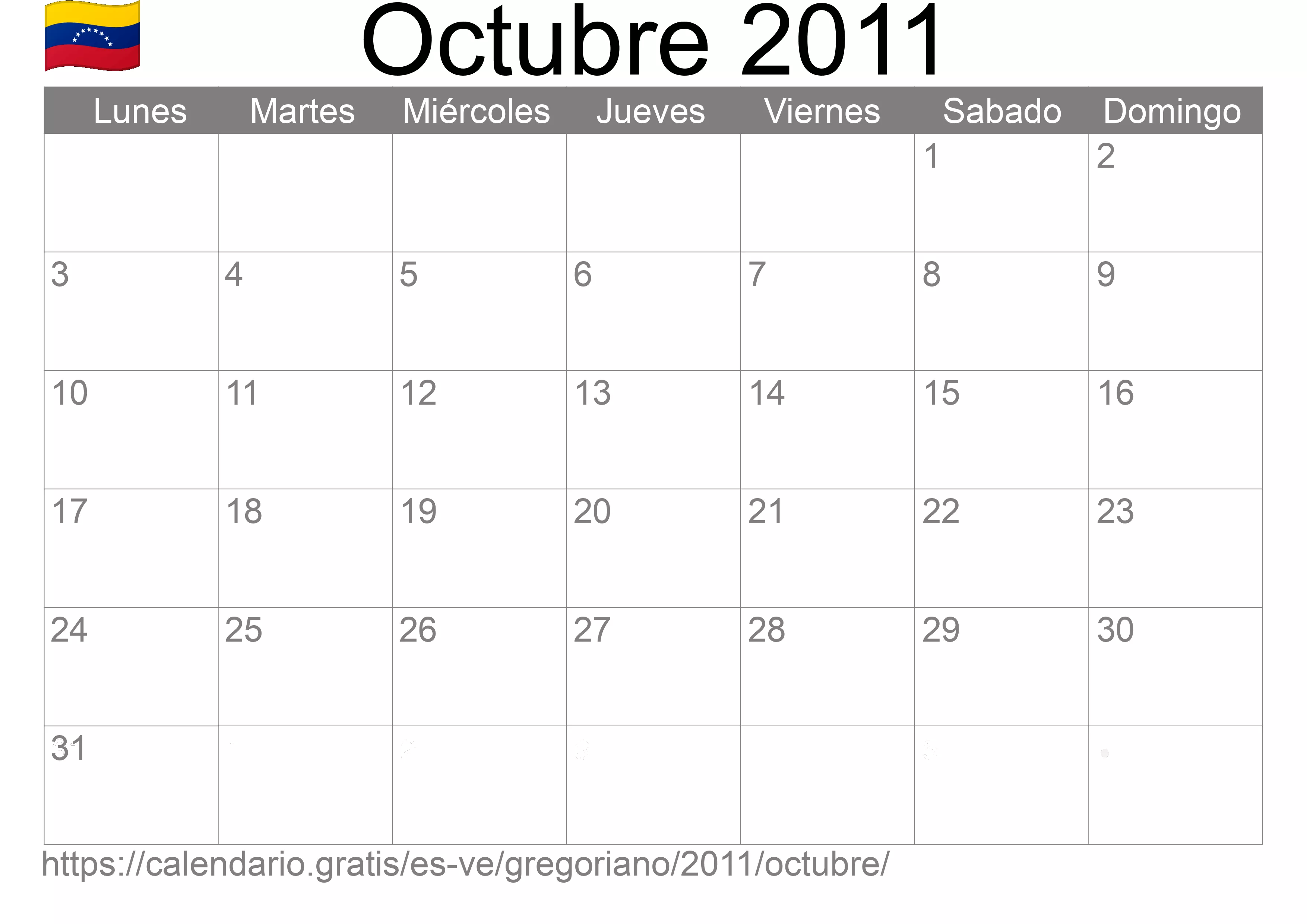 Calendario Octubre 2011 para imprimir (Venezuela)