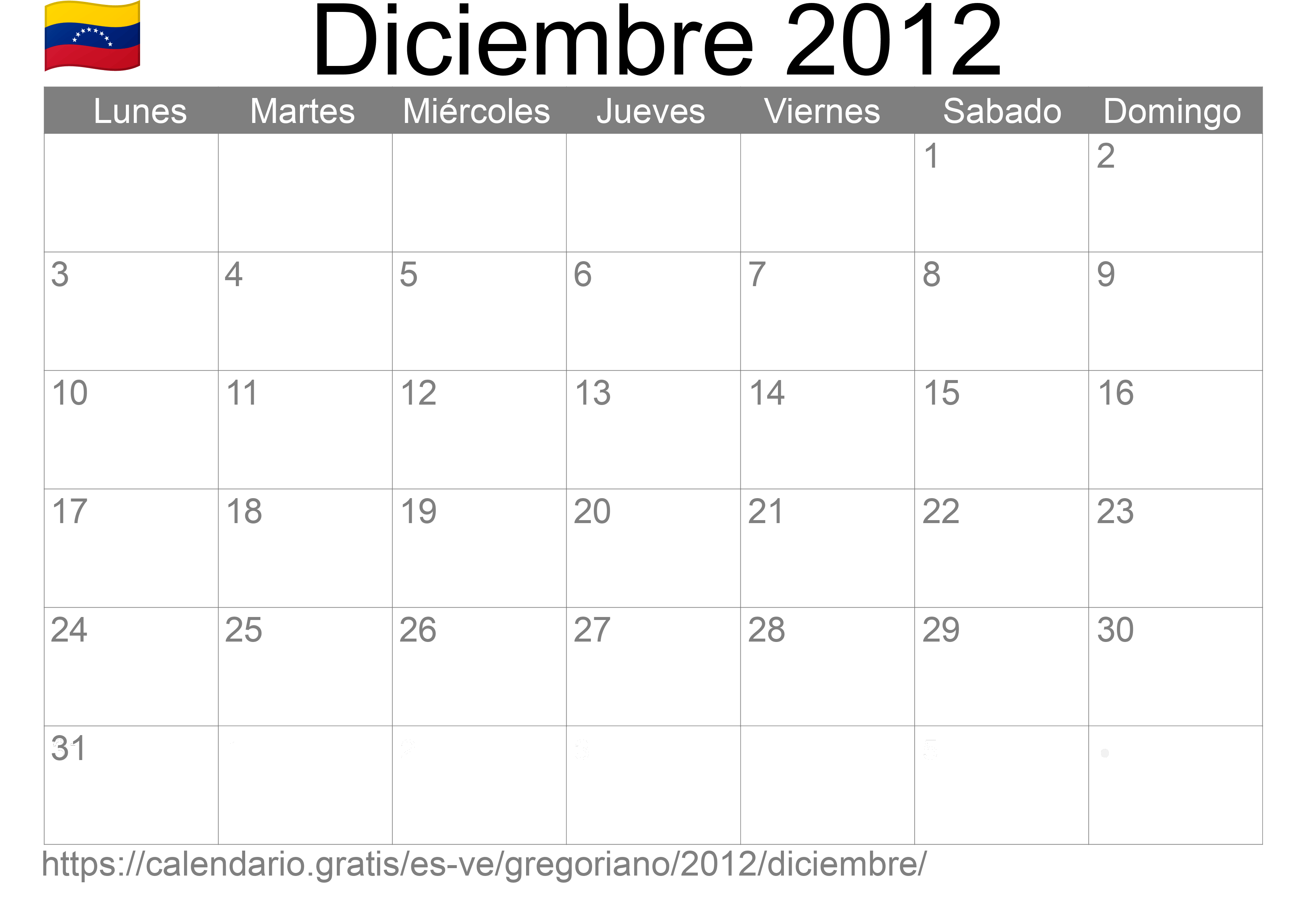 Calendario Diciembre 2012 para imprimir