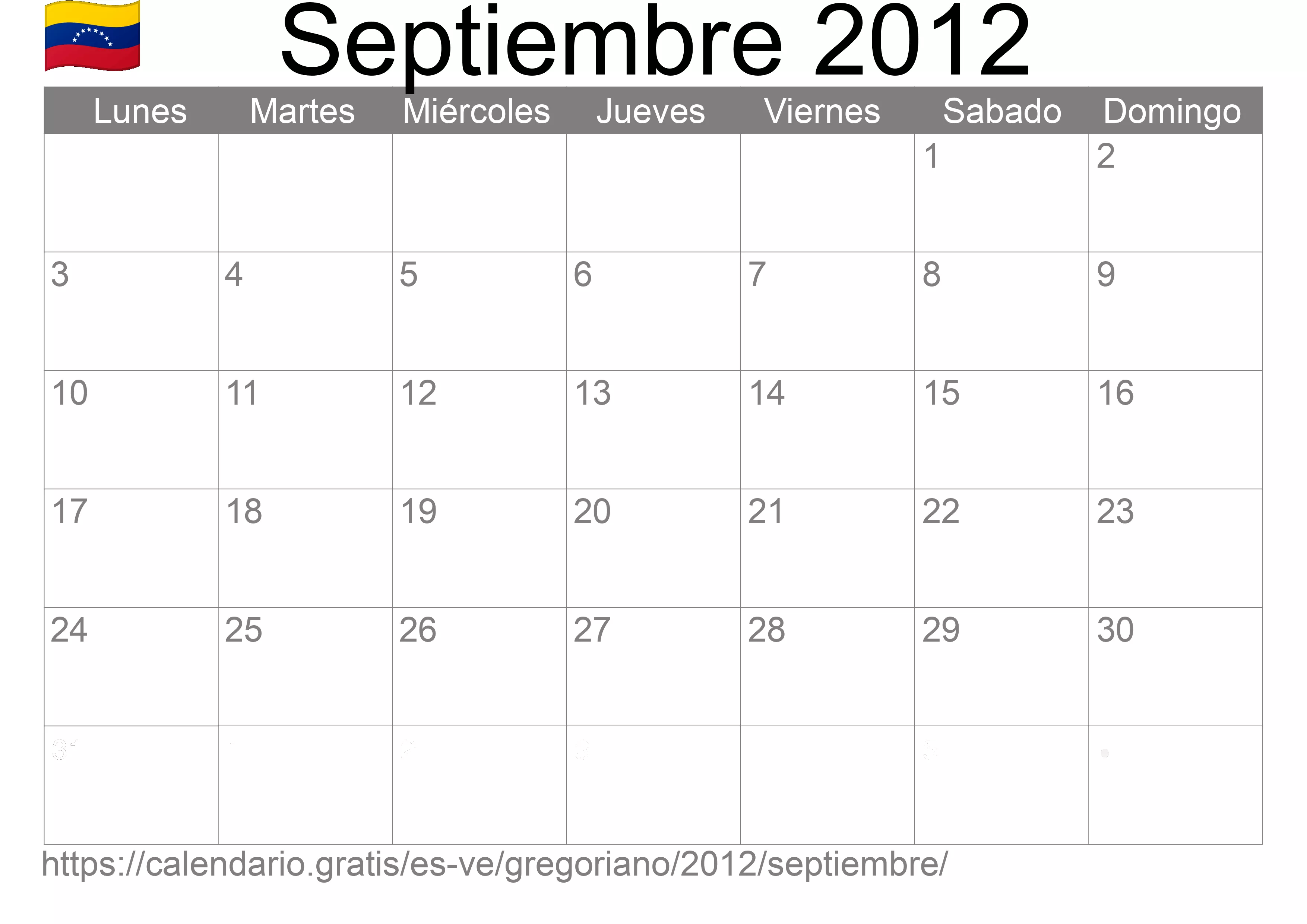 Calendario Septiembre 2012 para imprimir (Venezuela)
