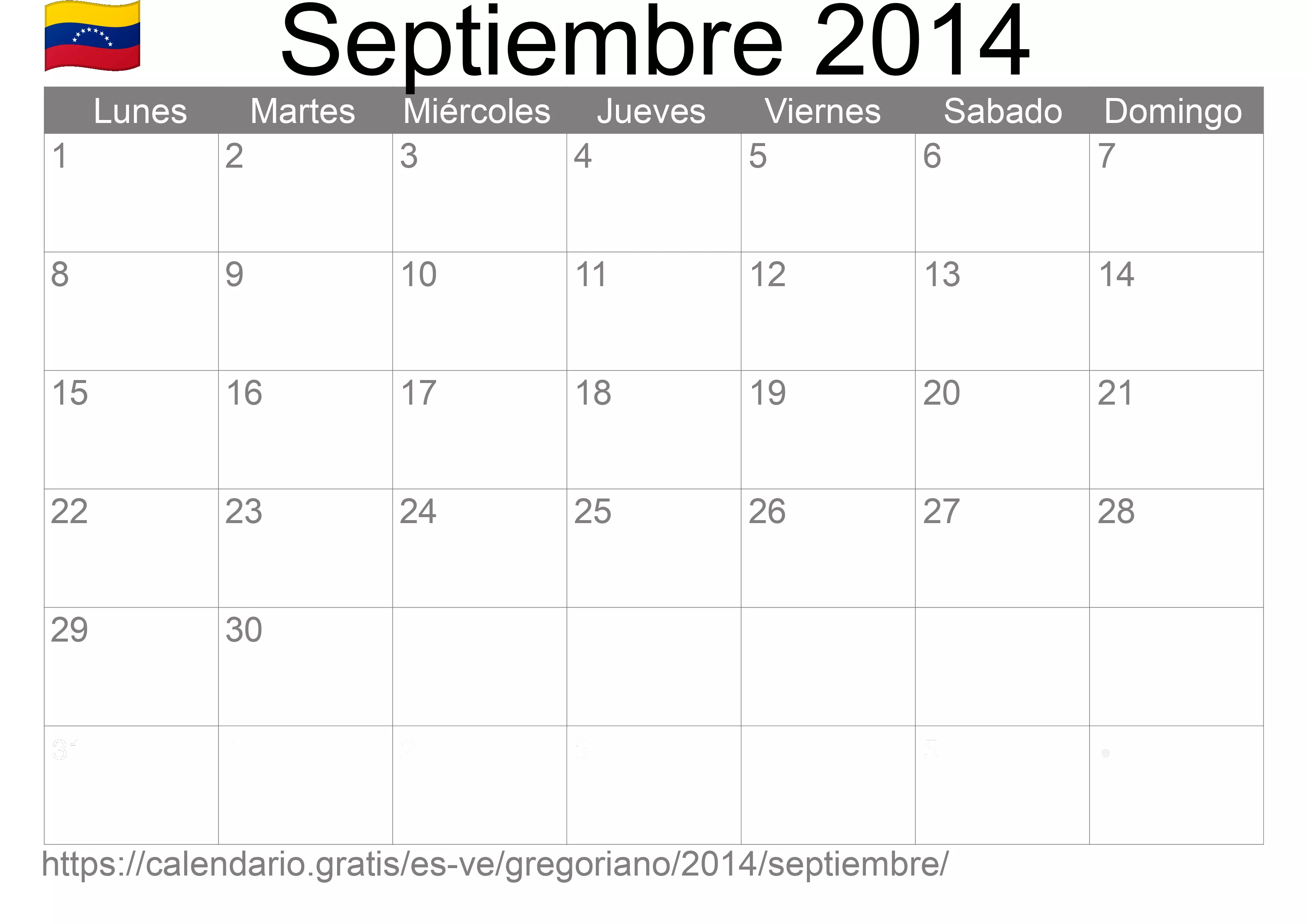 Calendario Septiembre 2014 para imprimir (Venezuela)