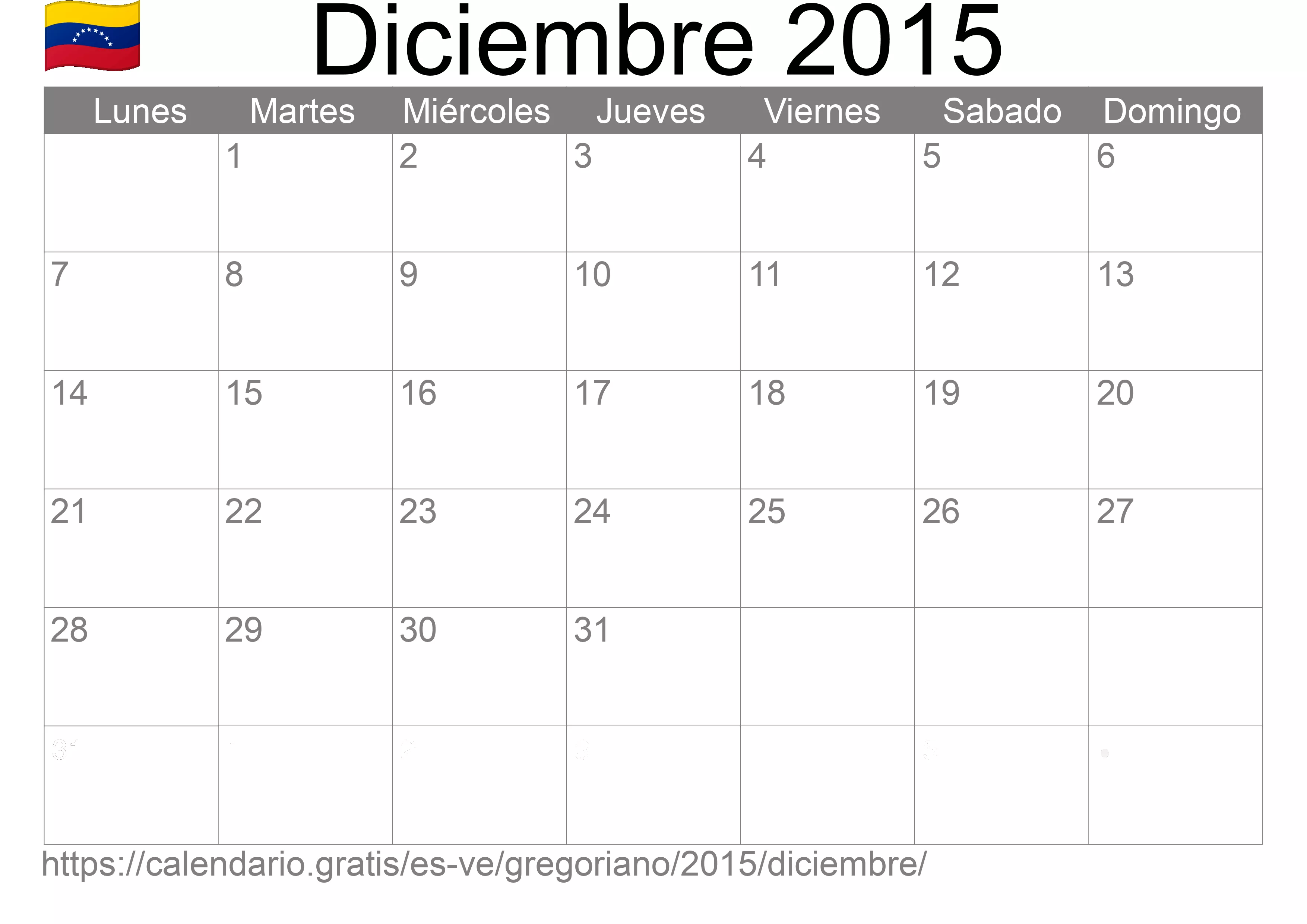 Calendario Diciembre 2015 para imprimir (Venezuela)