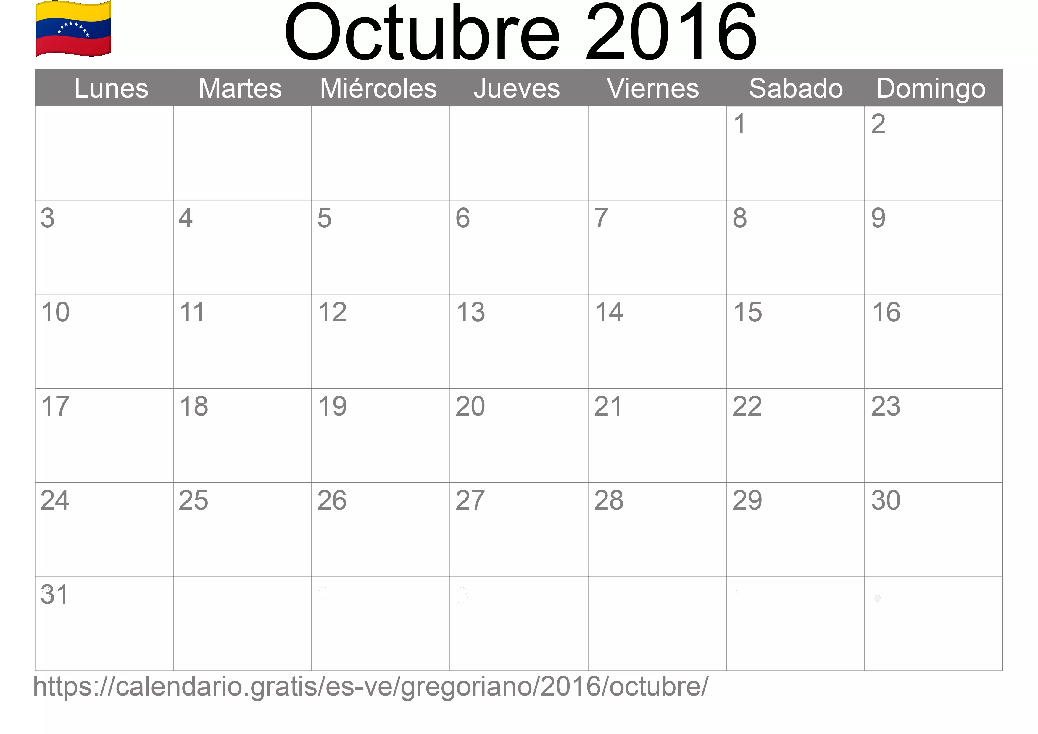 Calendario Octubre 2016 para imprimir (Venezuela)