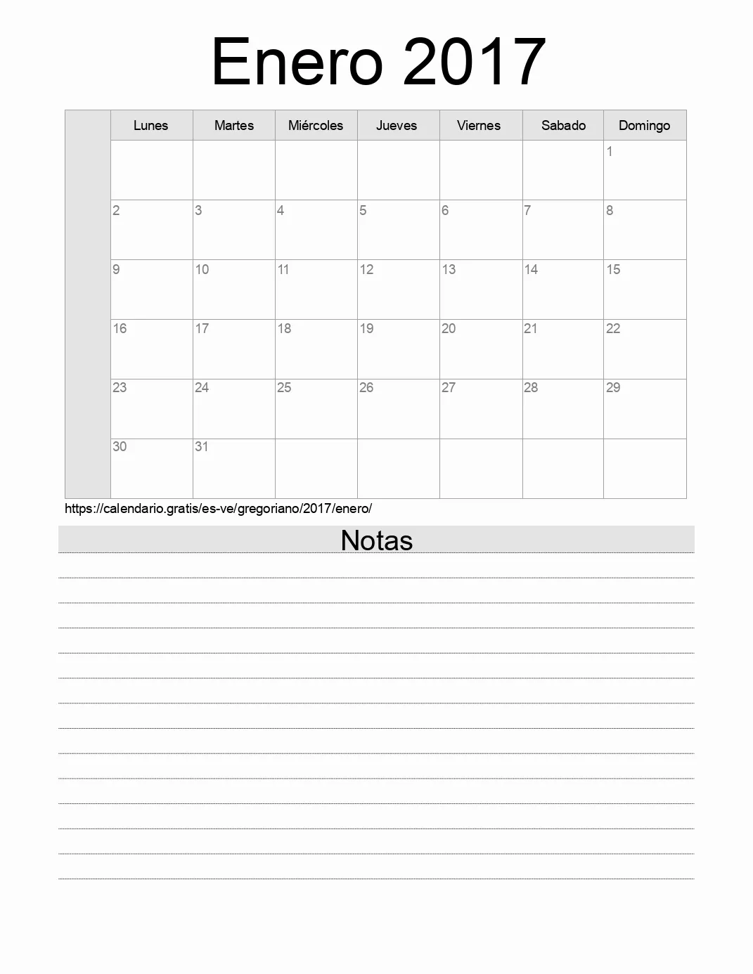 Calendario Enero 2017 para imprimir con notas. (Venezuela)