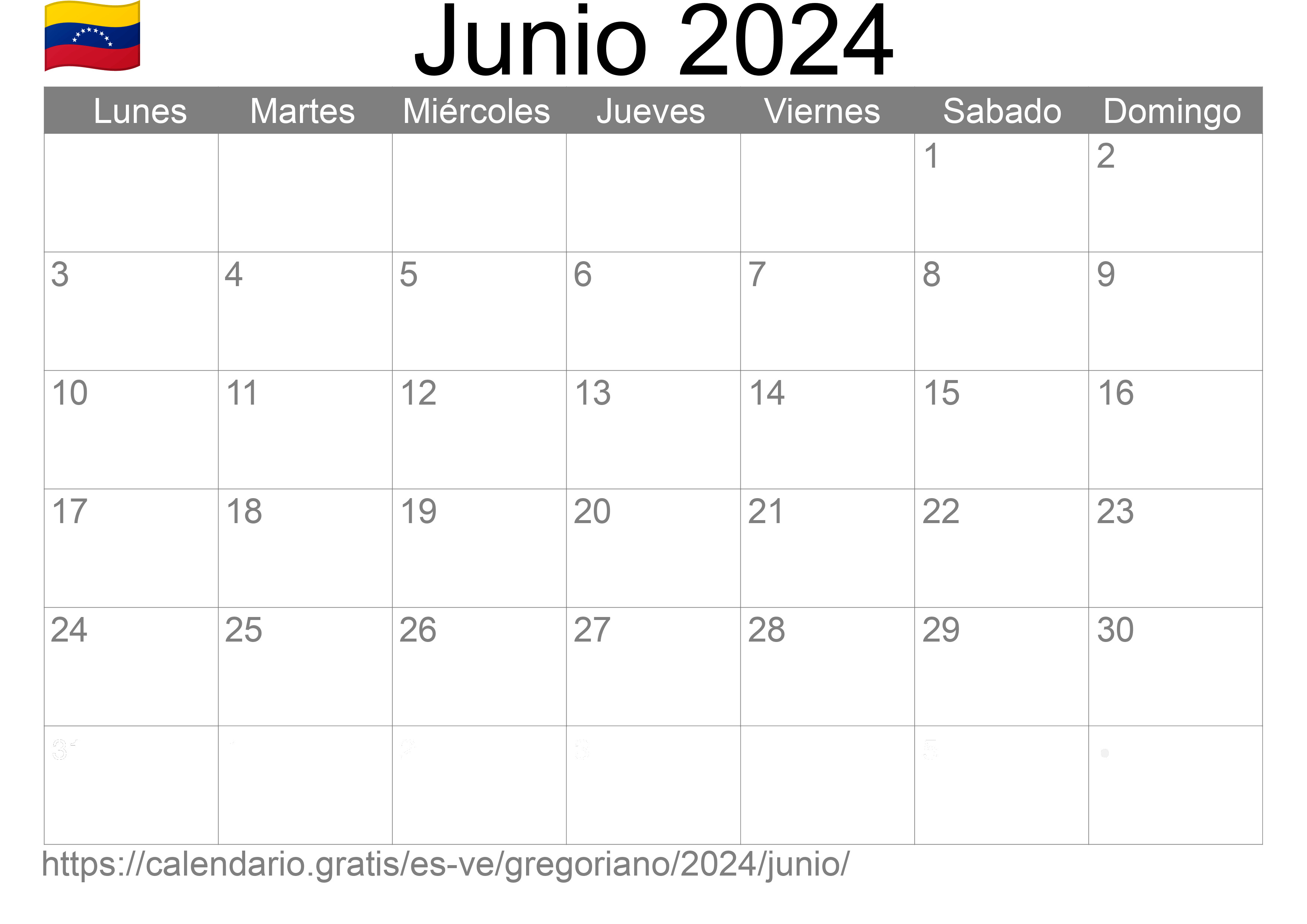 Calendario Junio 2024 de Venezuela en español Festivos y fase lunar