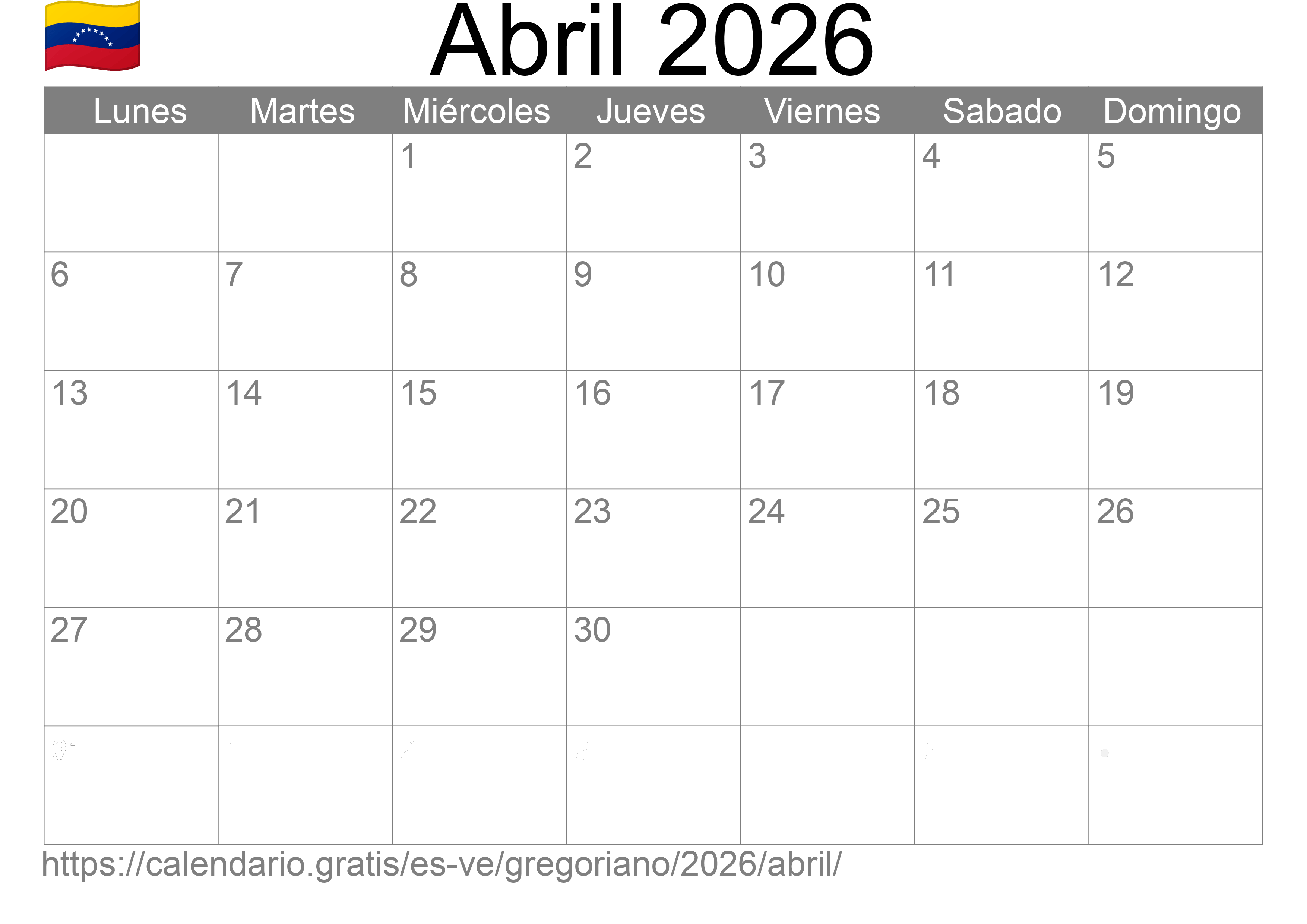 Calendario Abril 2026 para imprimir