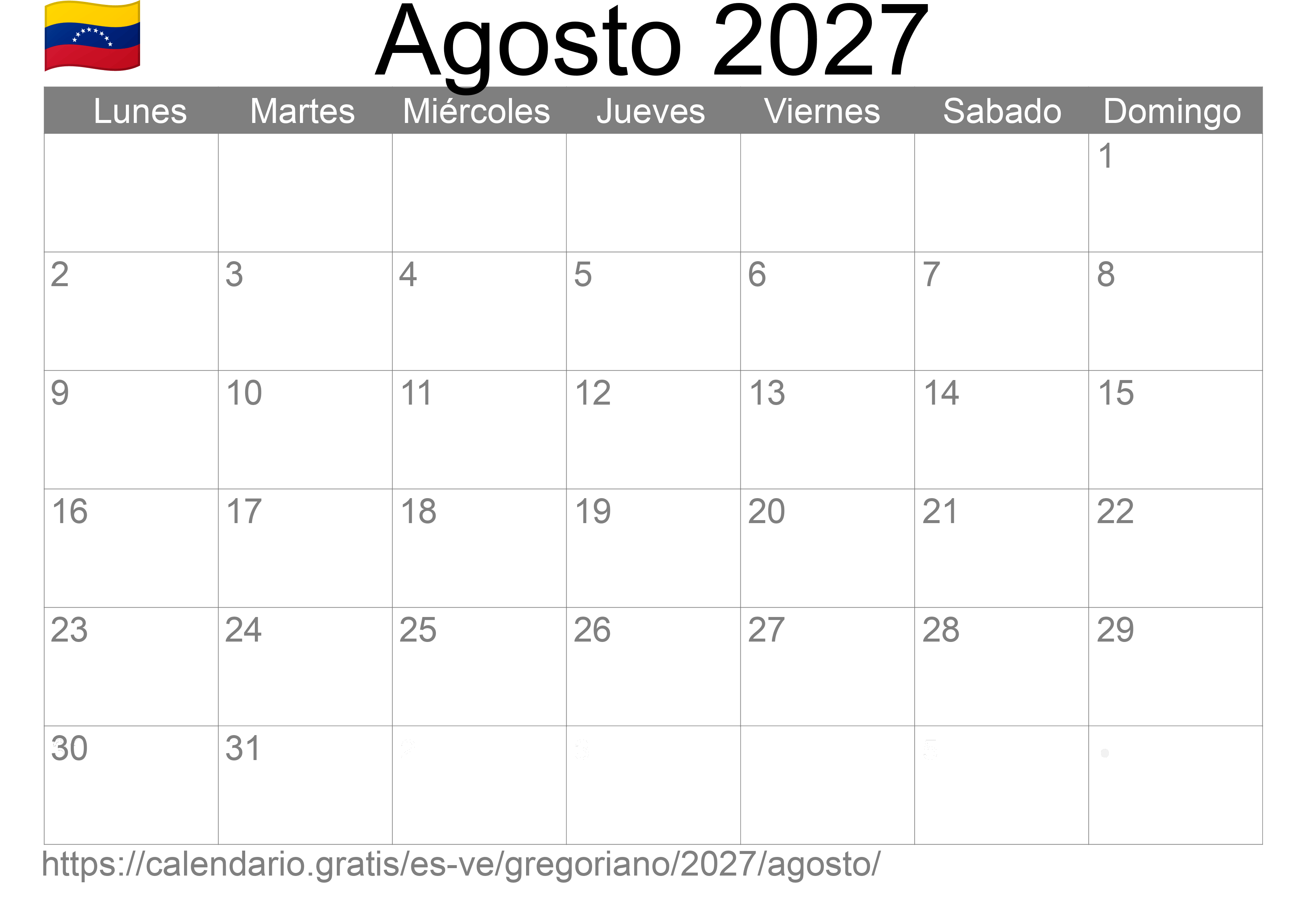 Calendario Agosto 2027 para imprimir