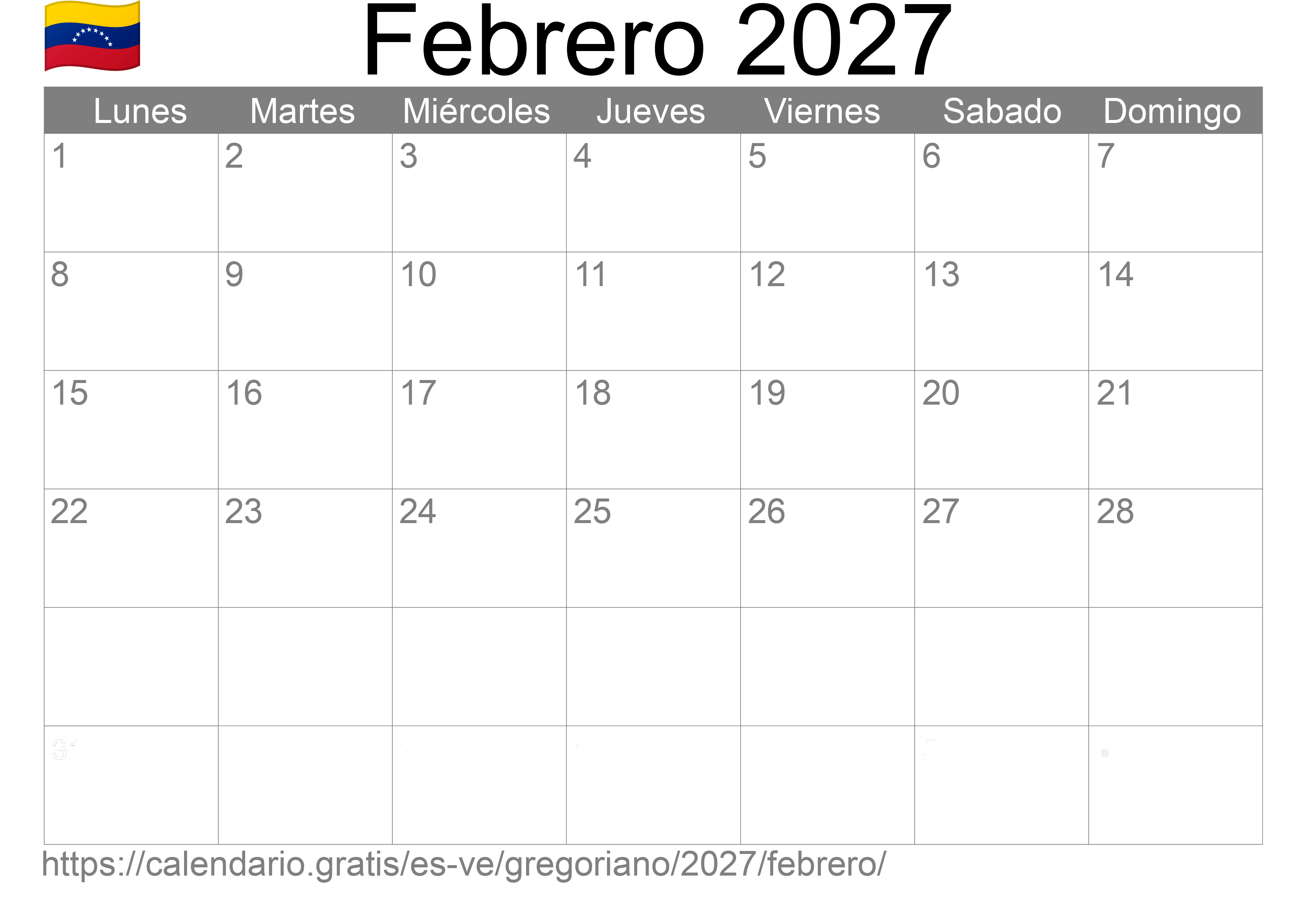 Calendario Febrero 2027 para imprimir