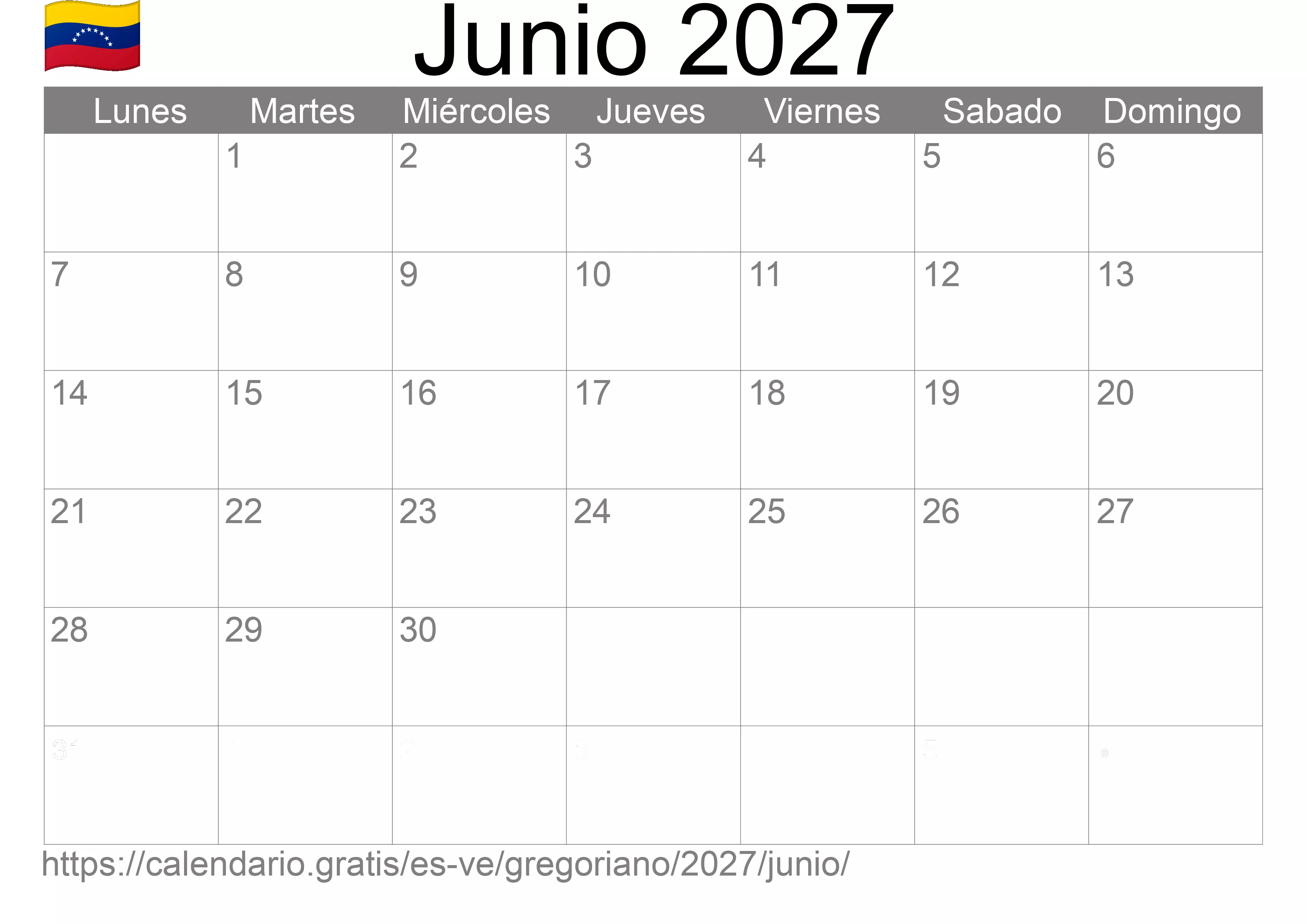 Calendario Junio 2027 para imprimir (Venezuela)