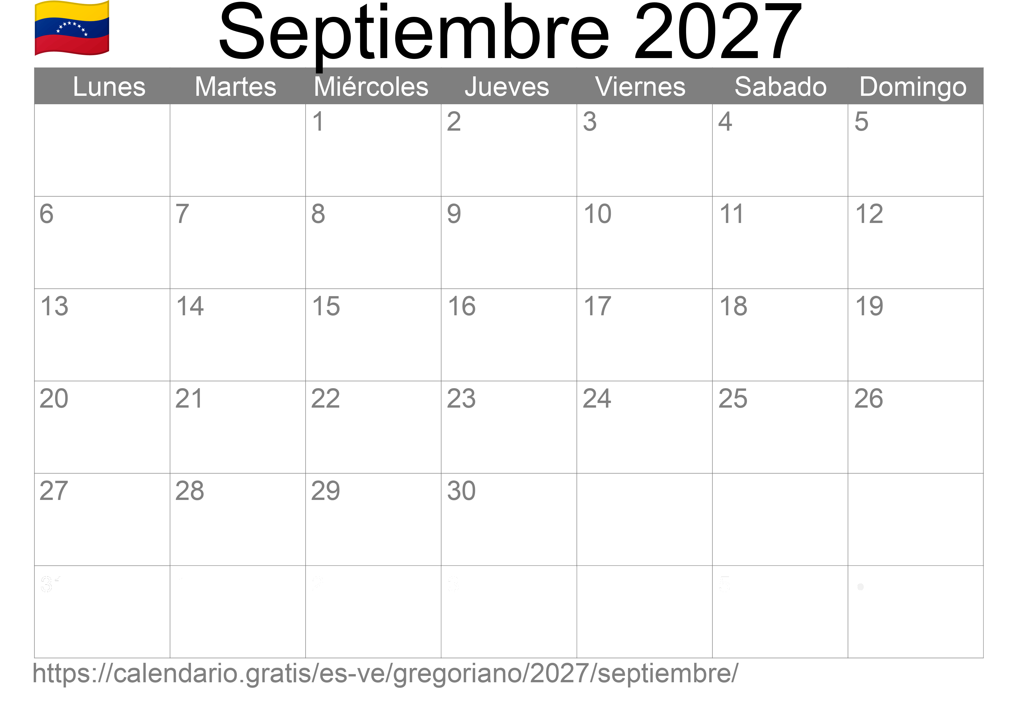 Calendario Septiembre 2027 para imprimir