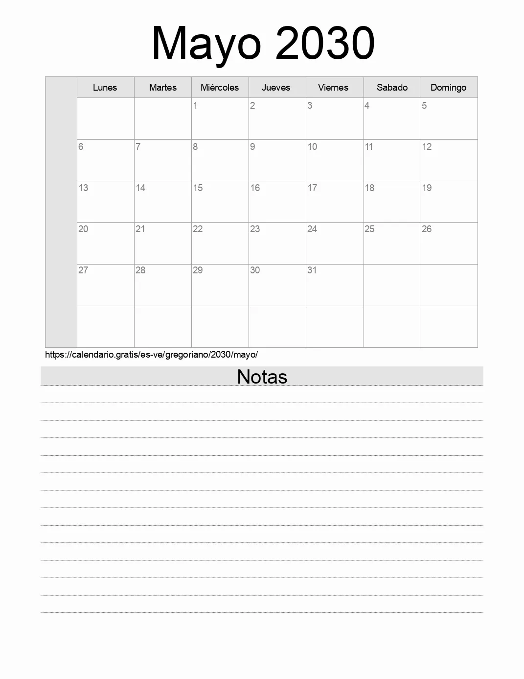 Calendario Mayo 2030 para imprimir con notas. (Venezuela)