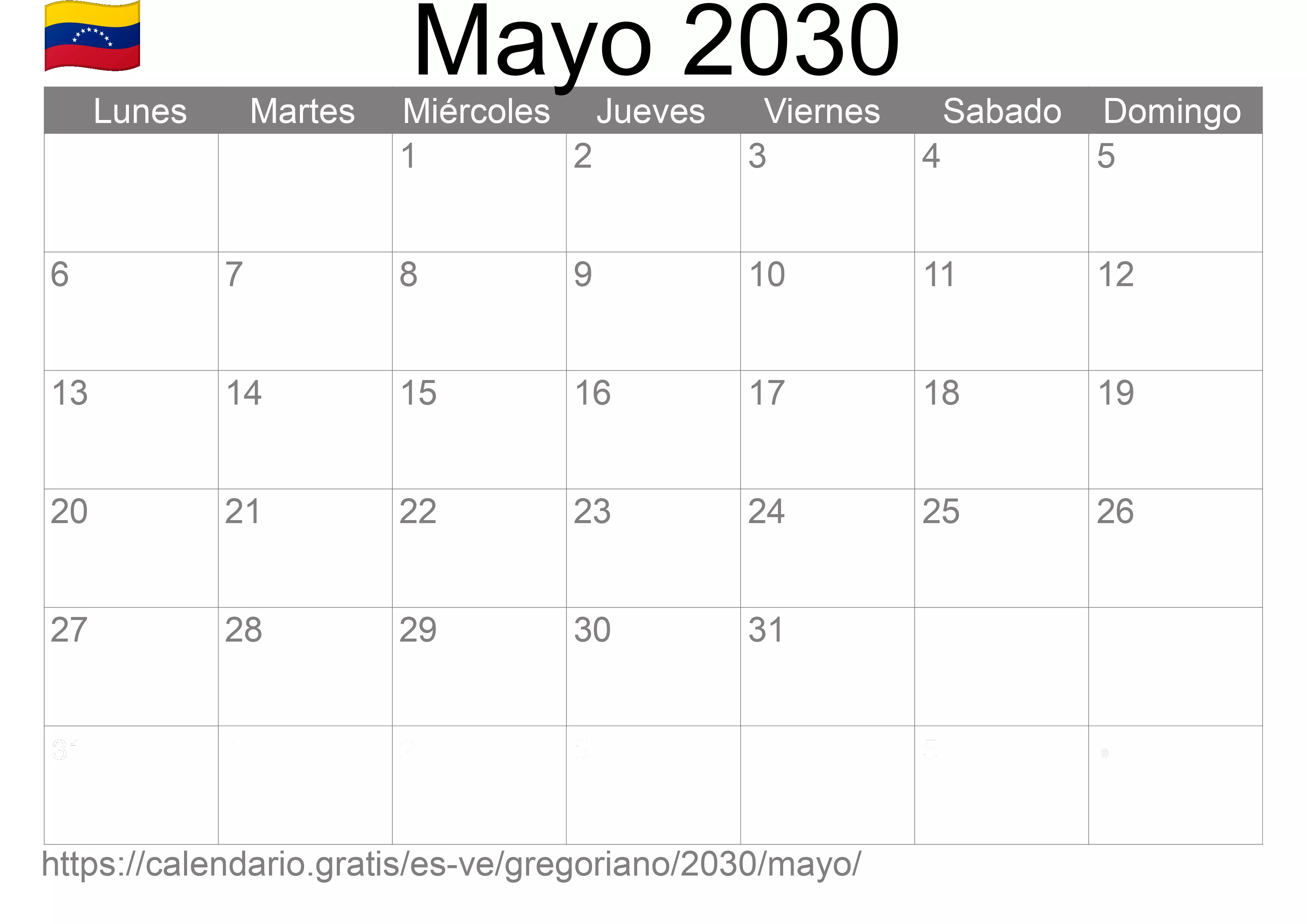 Calendario Mayo 2030 para imprimir (Venezuela)