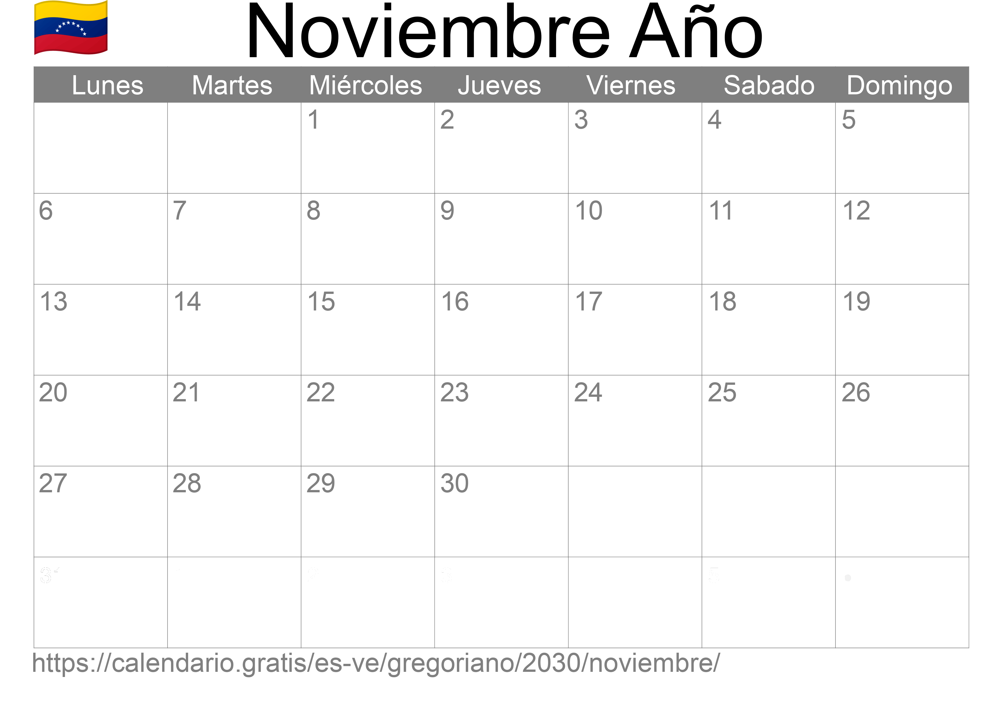 Calendario Noviembre 2030 para imprimir