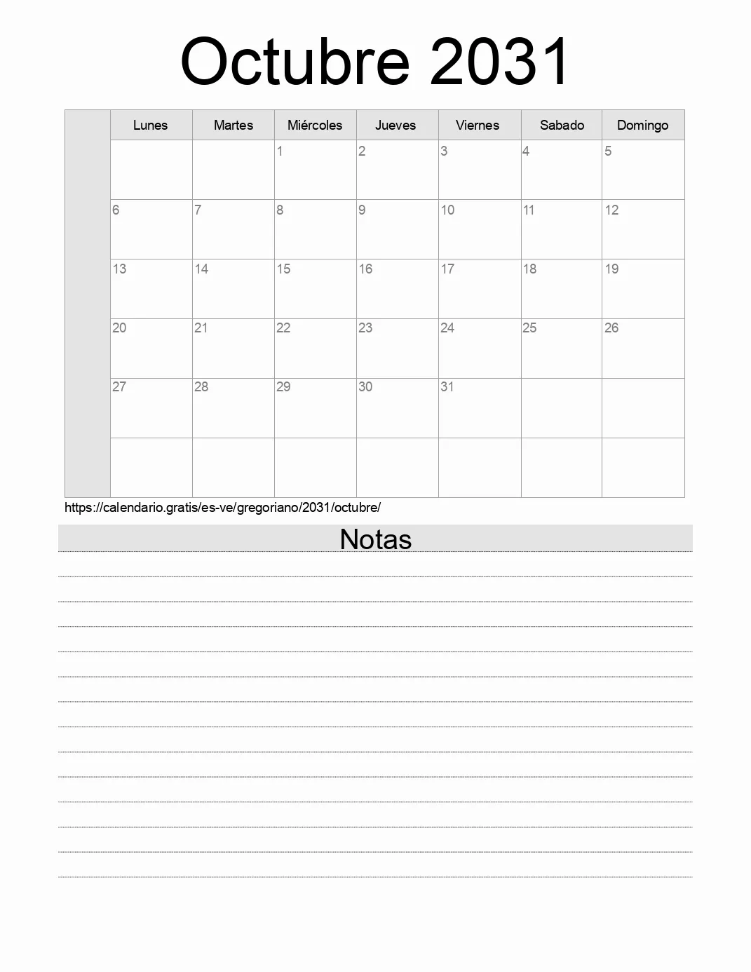 Calendario Octubre 2031 para imprimir con notas. (Venezuela)