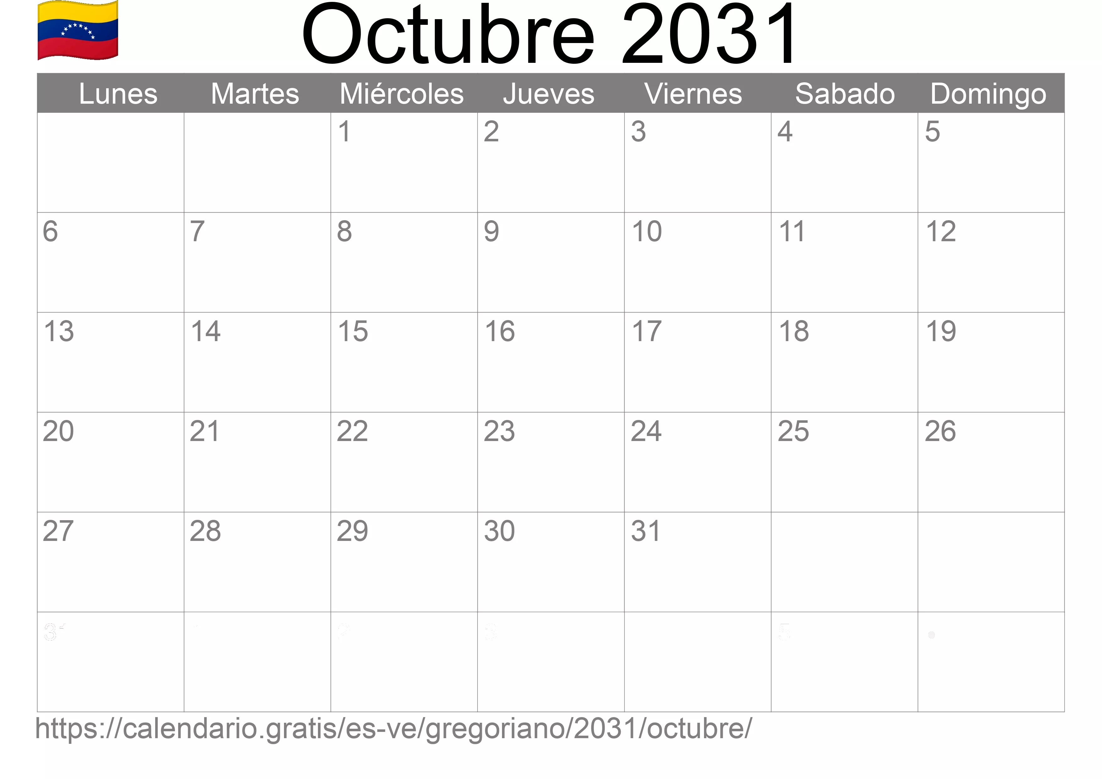 Calendario Octubre 2031 para imprimir (Venezuela)