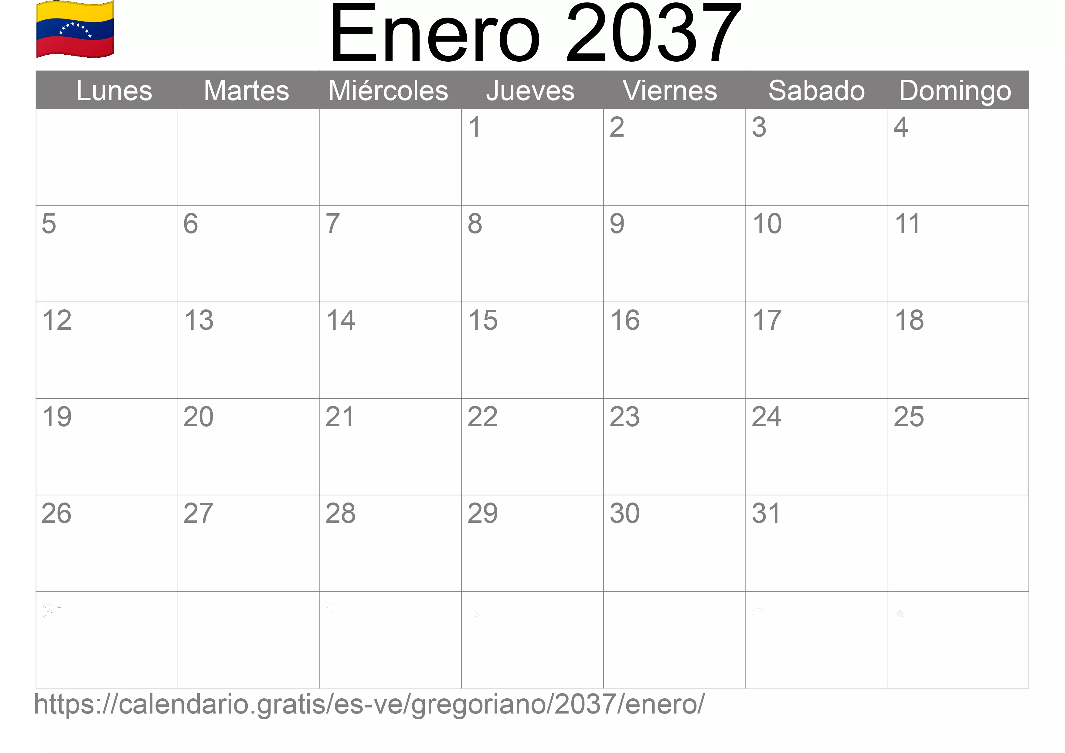 Calendario Enero 2037 para imprimir (Venezuela)