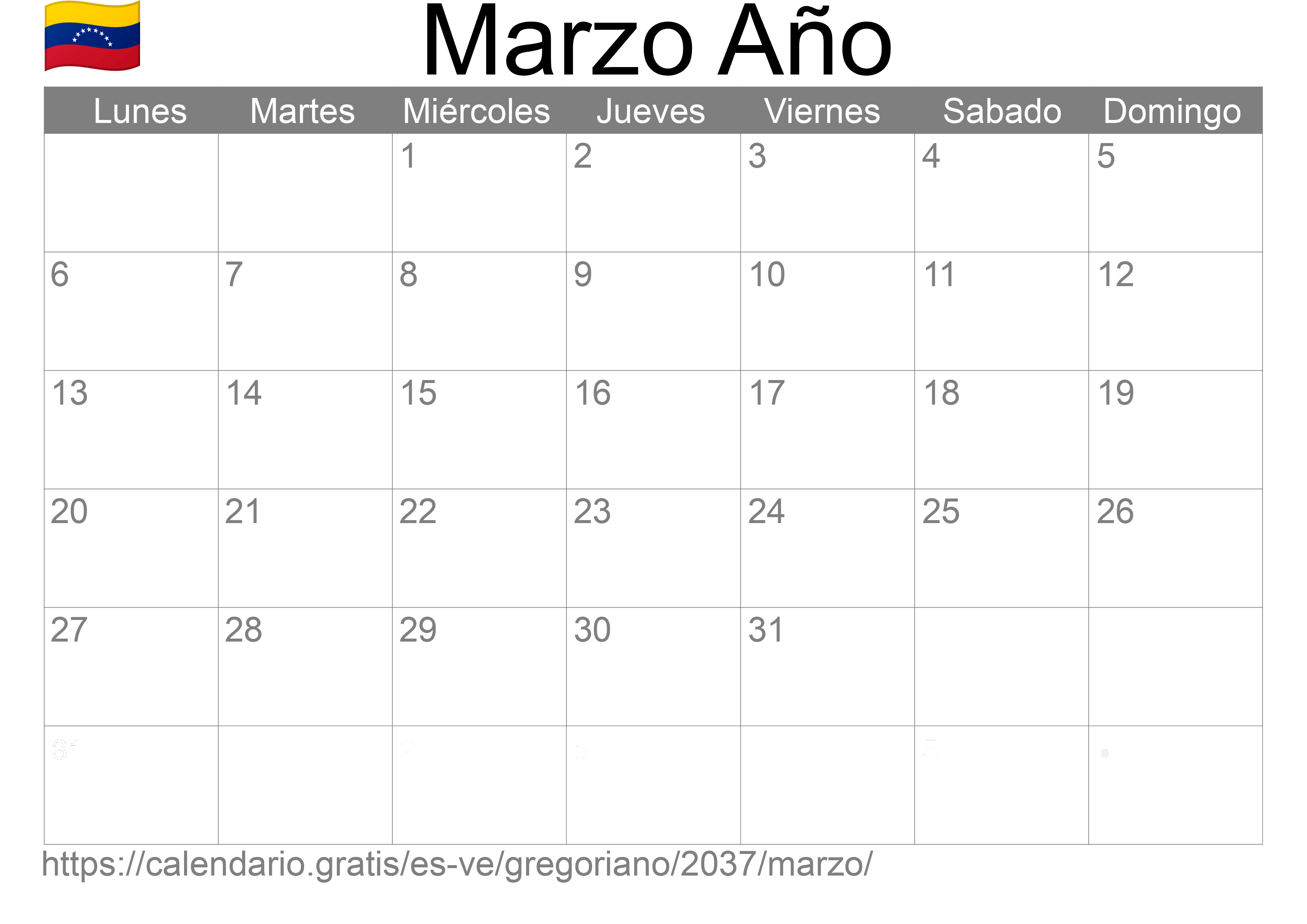 Calendario Marzo 2037 para imprimir