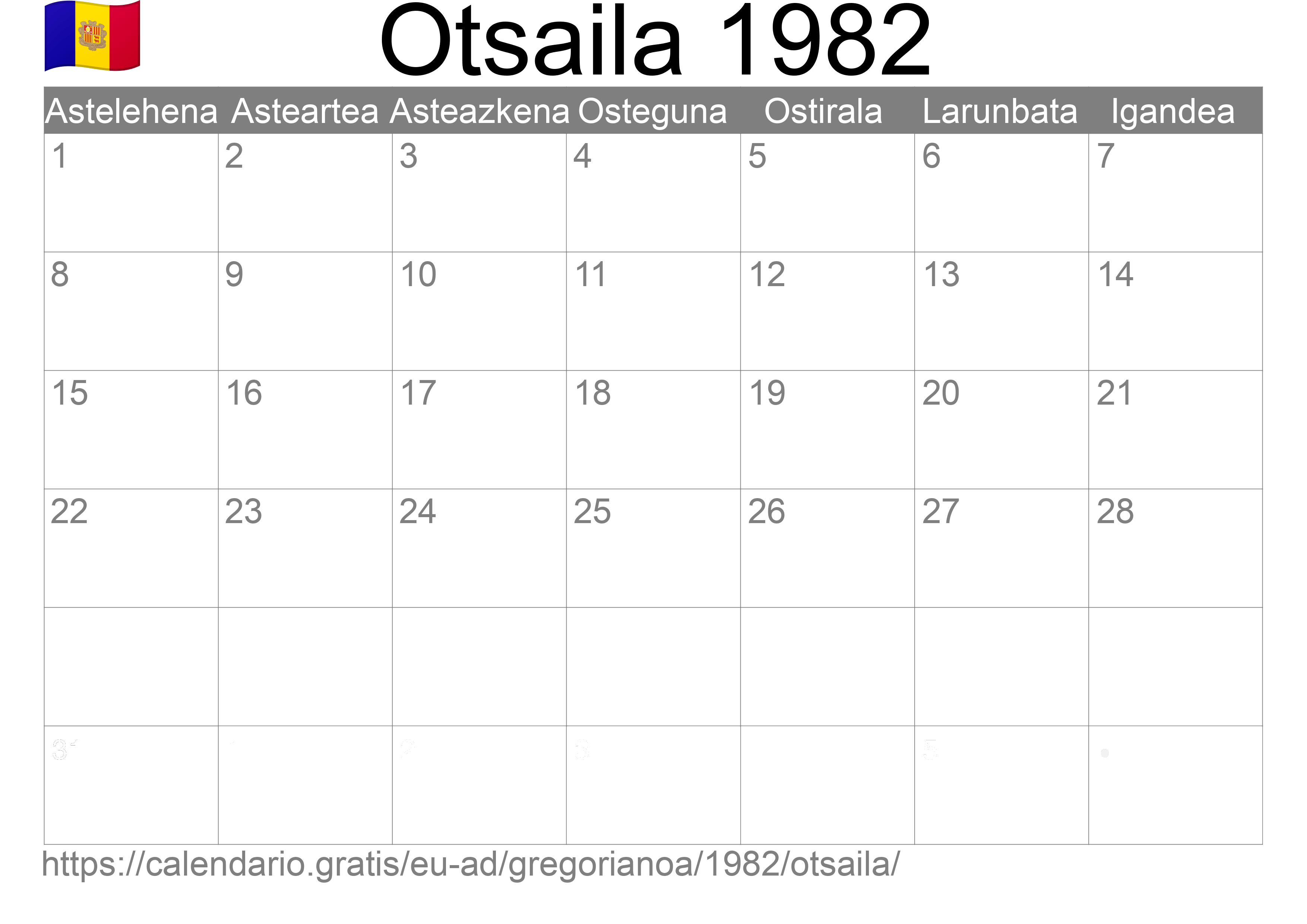 1982ko Otsaila egutegia inprimatzeko