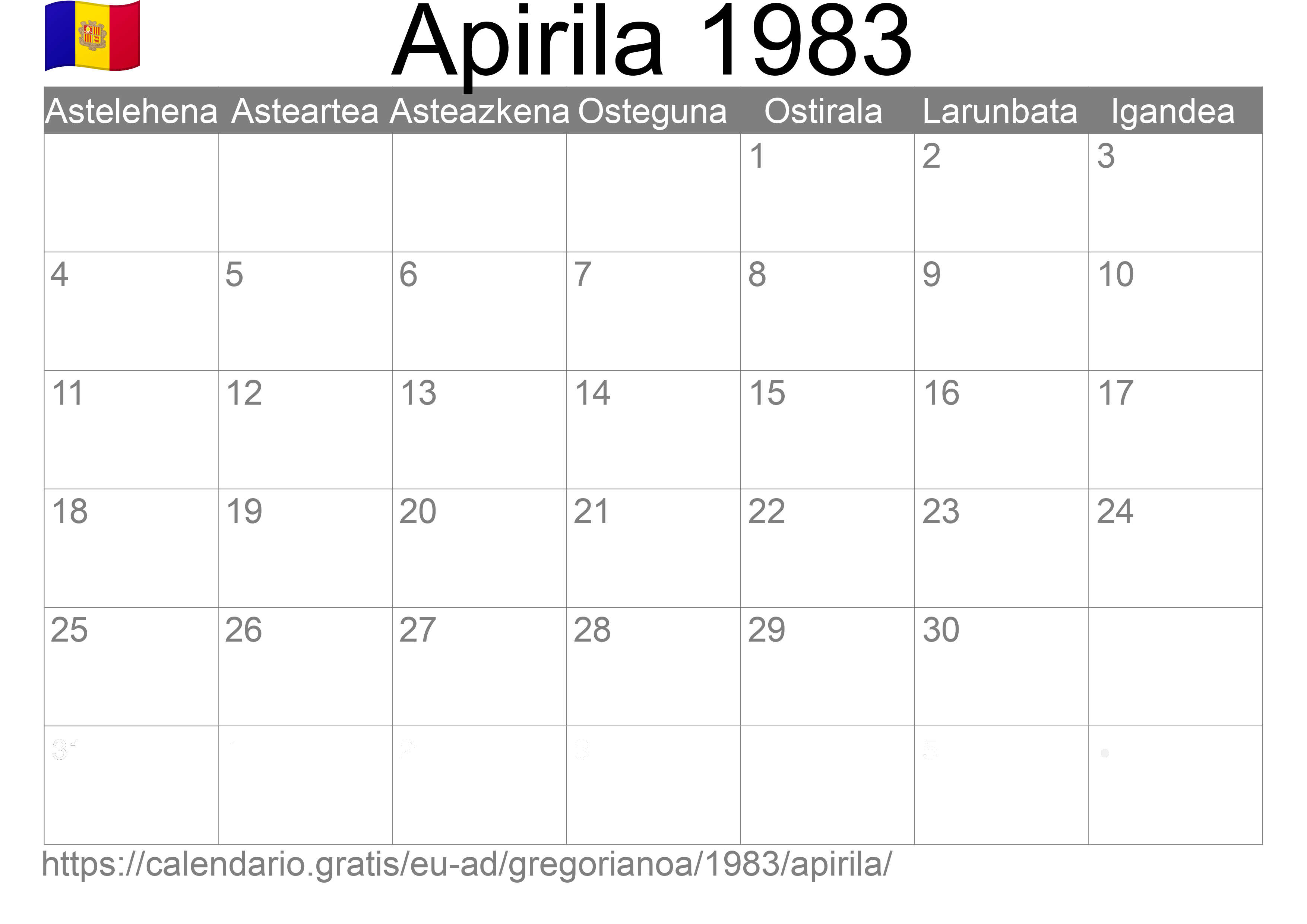 1983ko Apirila egutegia inprimatzeko