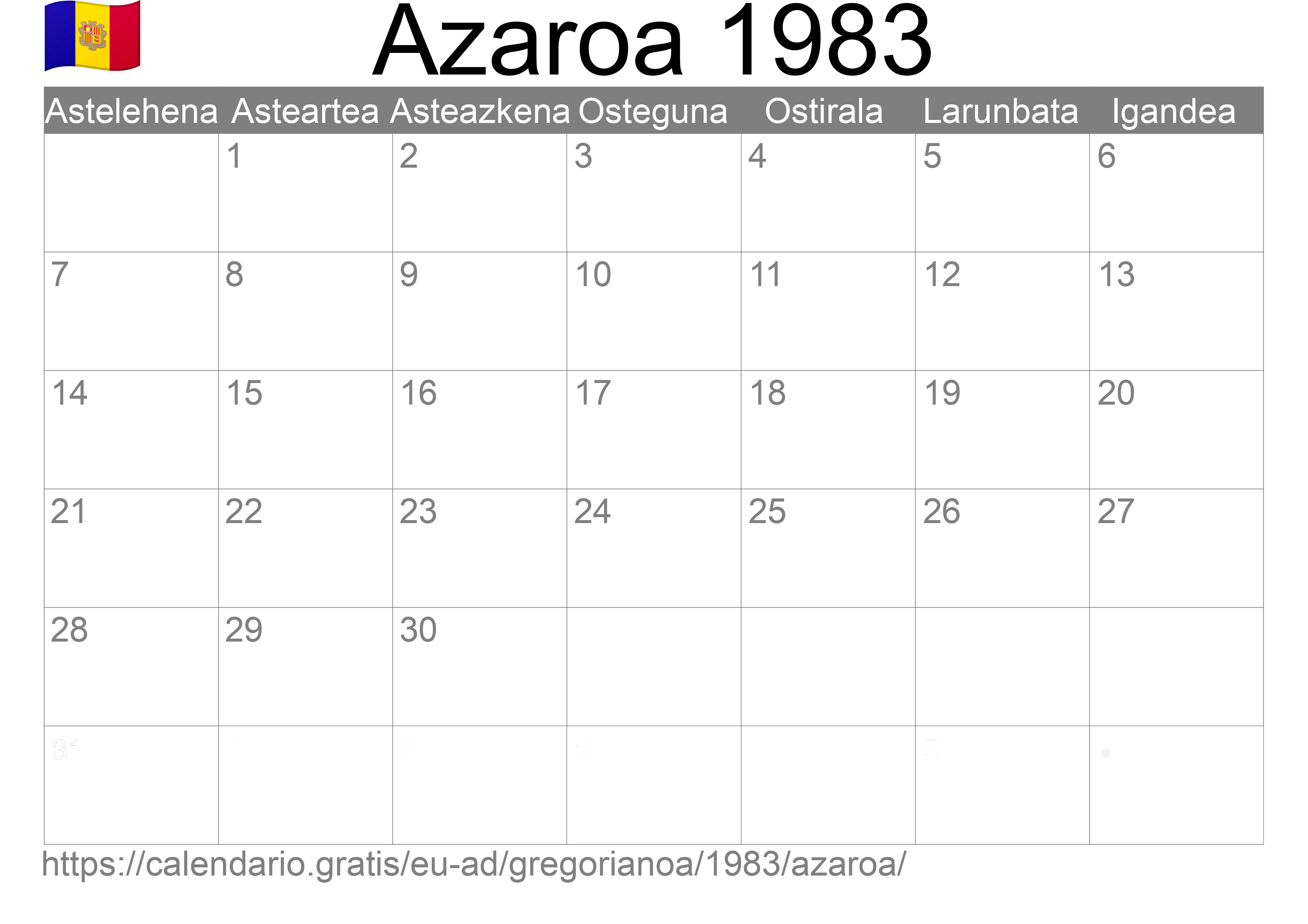 1983ko Azaroa egutegia inprimatzeko