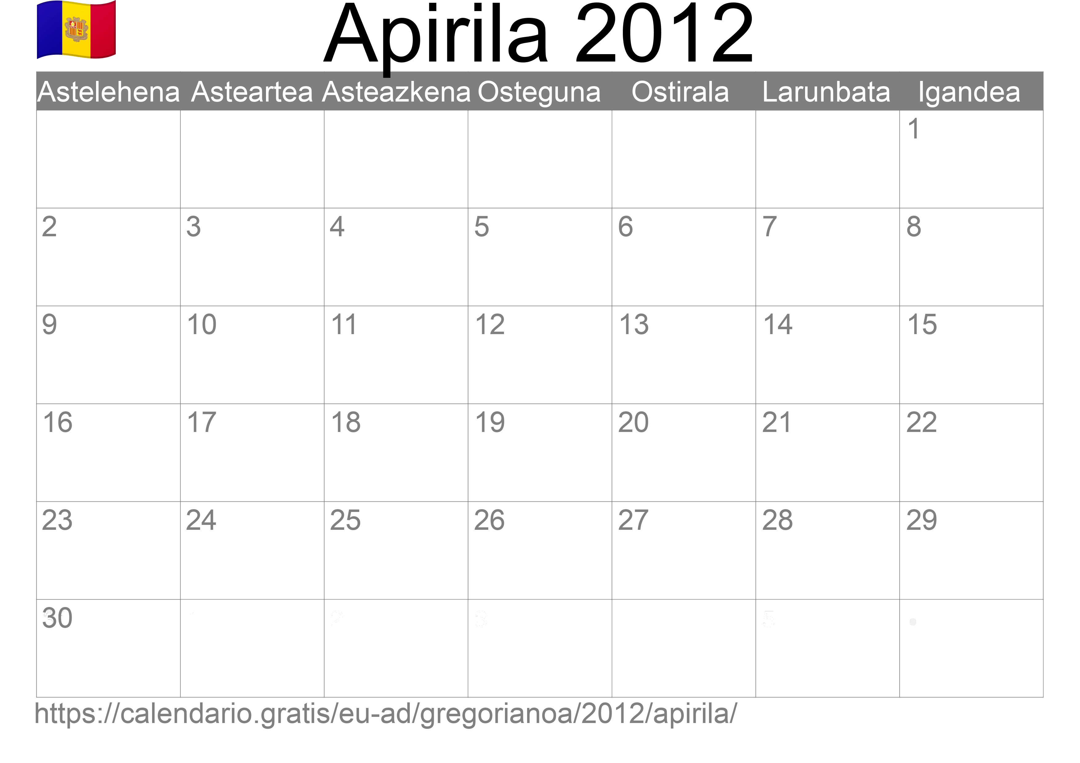 2012ko Apirila egutegia inprimatzeko