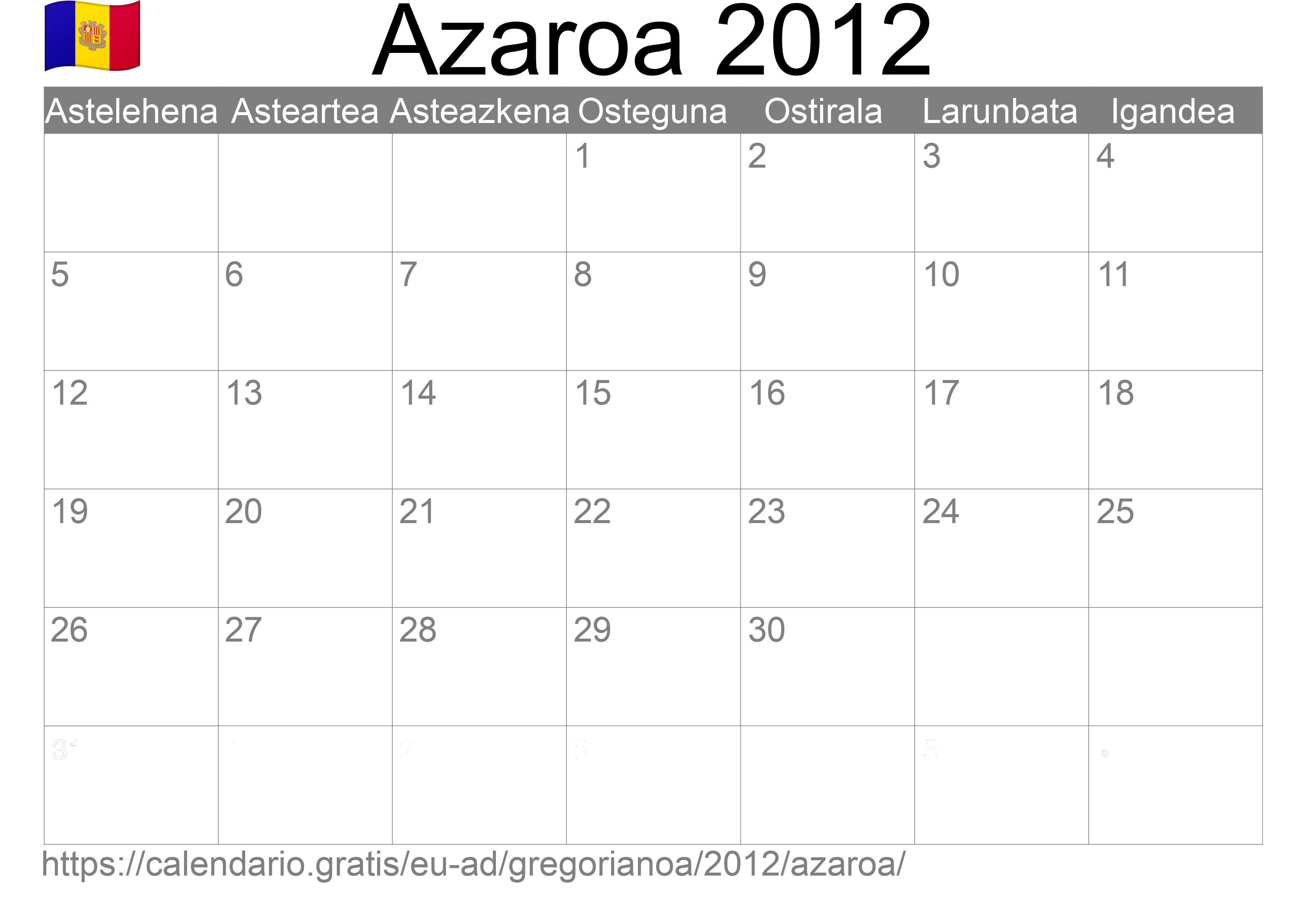 2012ko Azaroa egutegia inprimatzeko