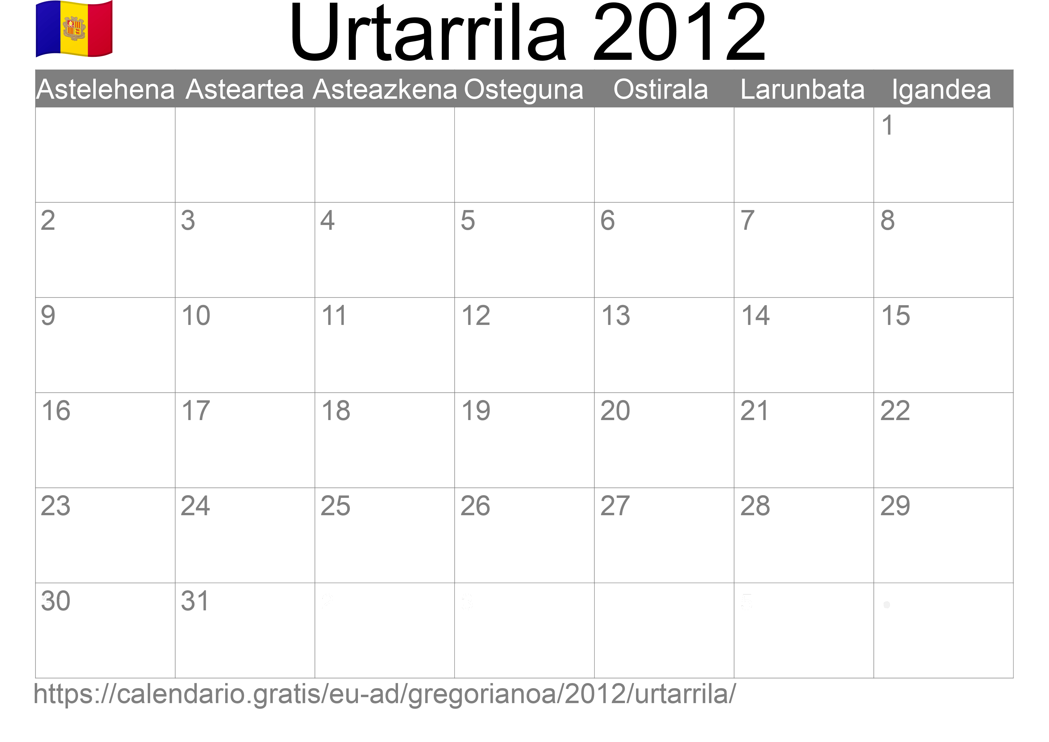 2012ko Urtarrila egutegia inprimatzeko