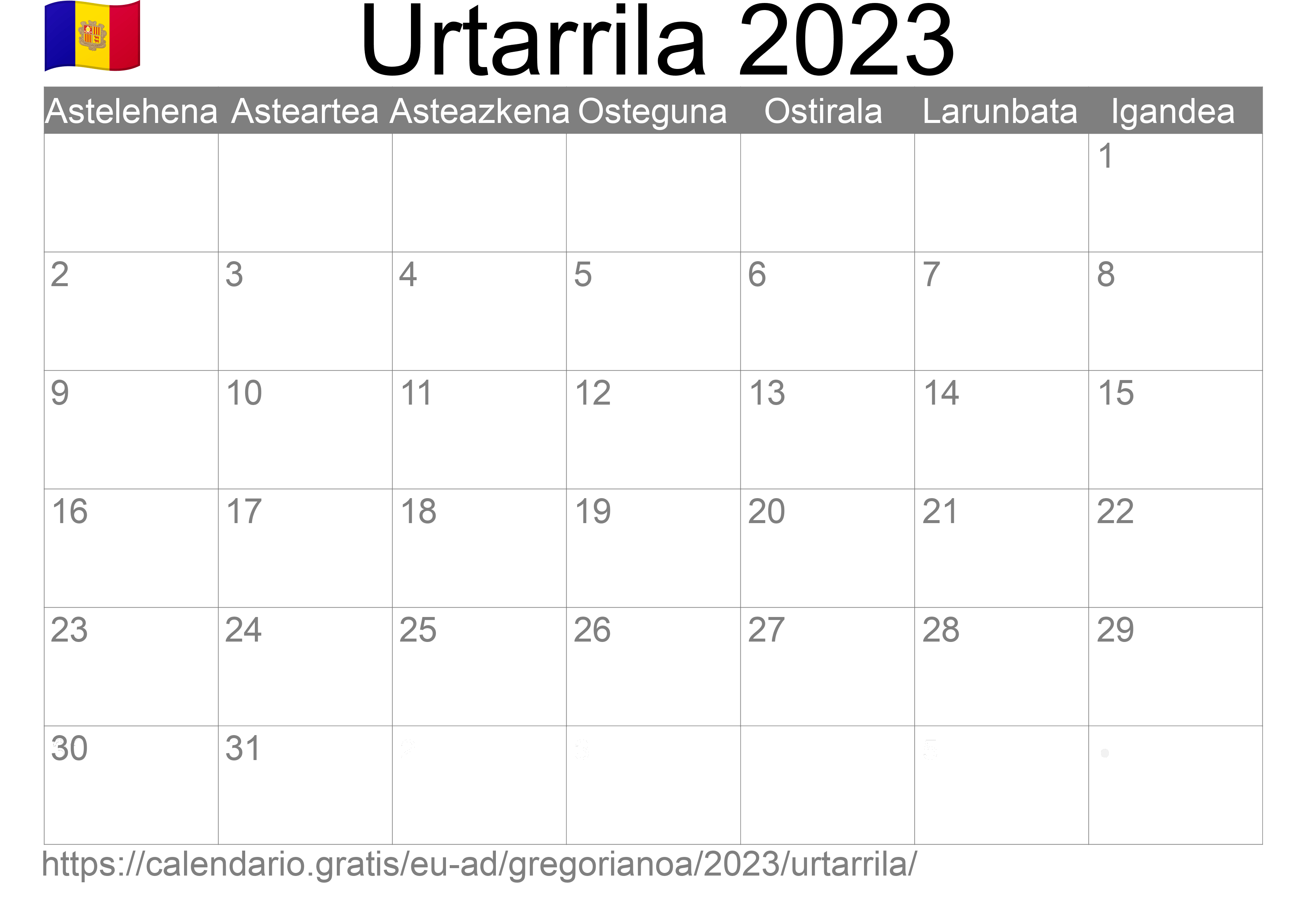 2023ko Urtarrila egutegia inprimatzeko