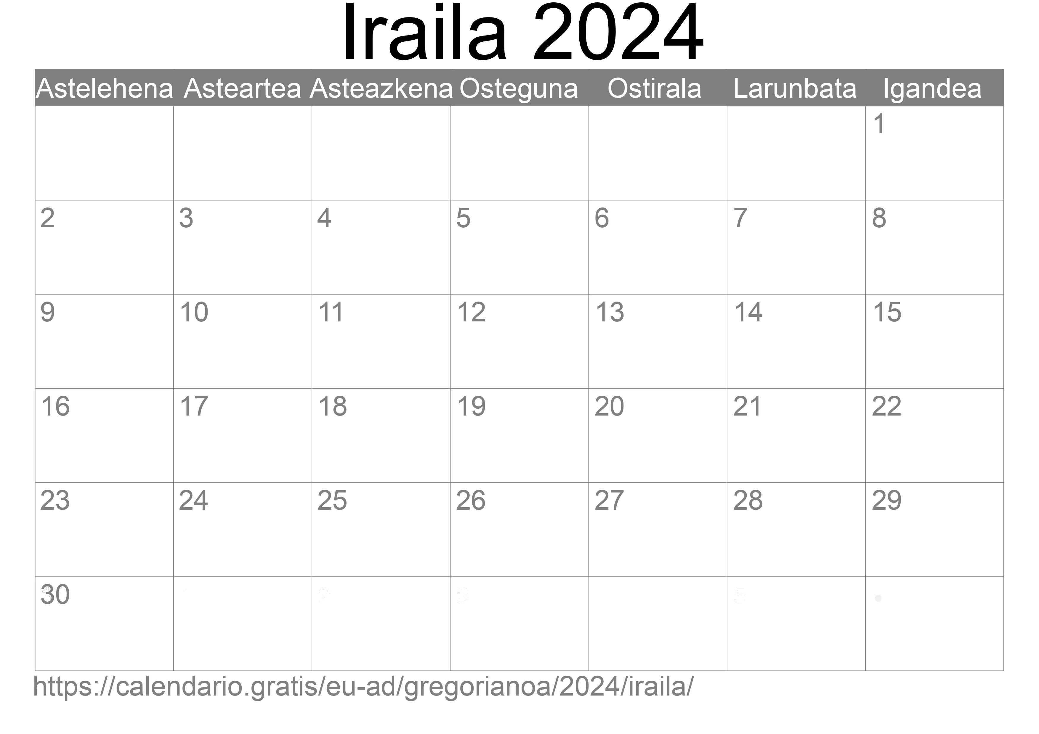 2024ko Iraila egutegia inprimatzeko (Andorra) 2024ko Iraila egutegia inprimatzeko (Andorra)