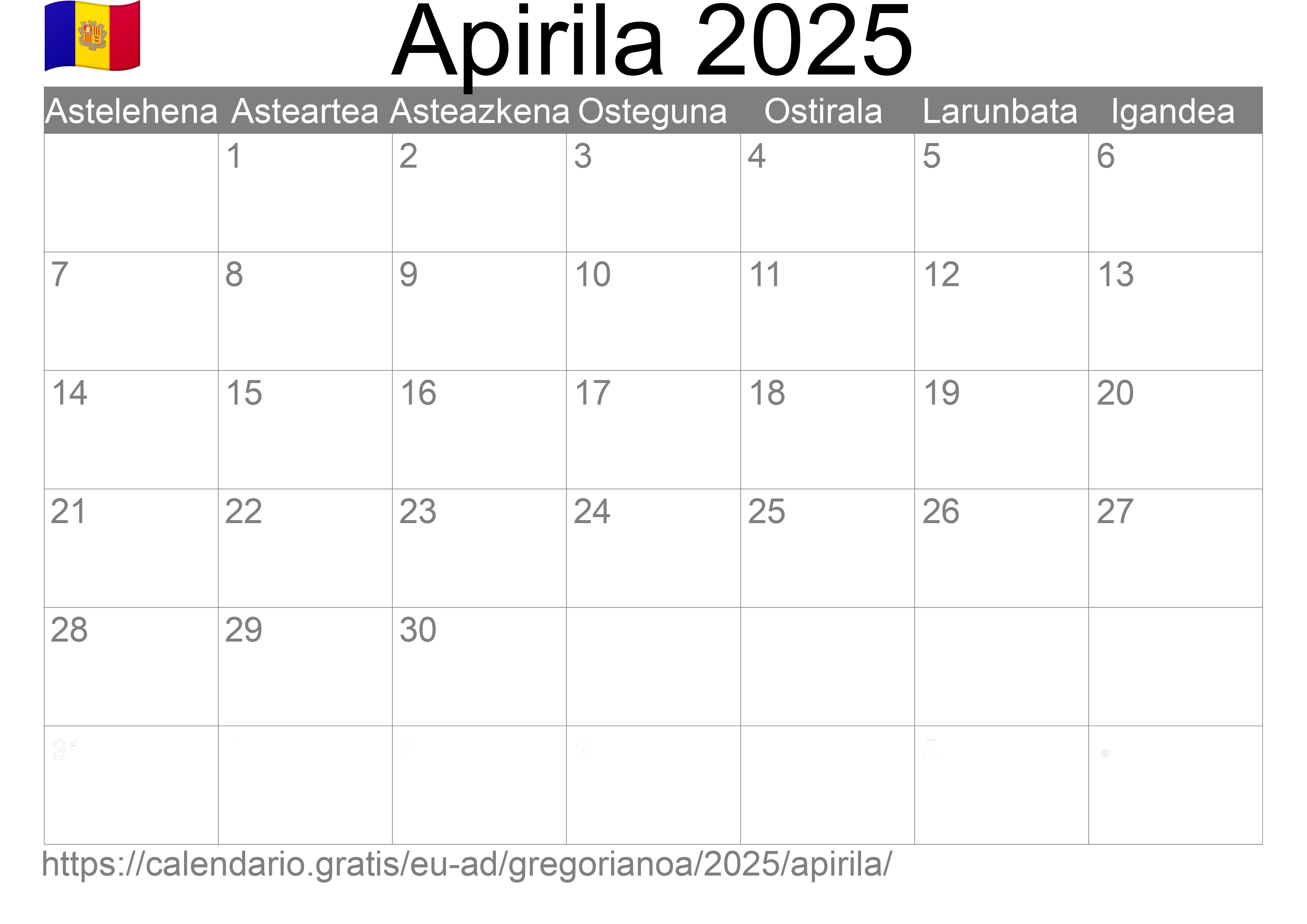 2025ko Apirila egutegia inprimatzeko