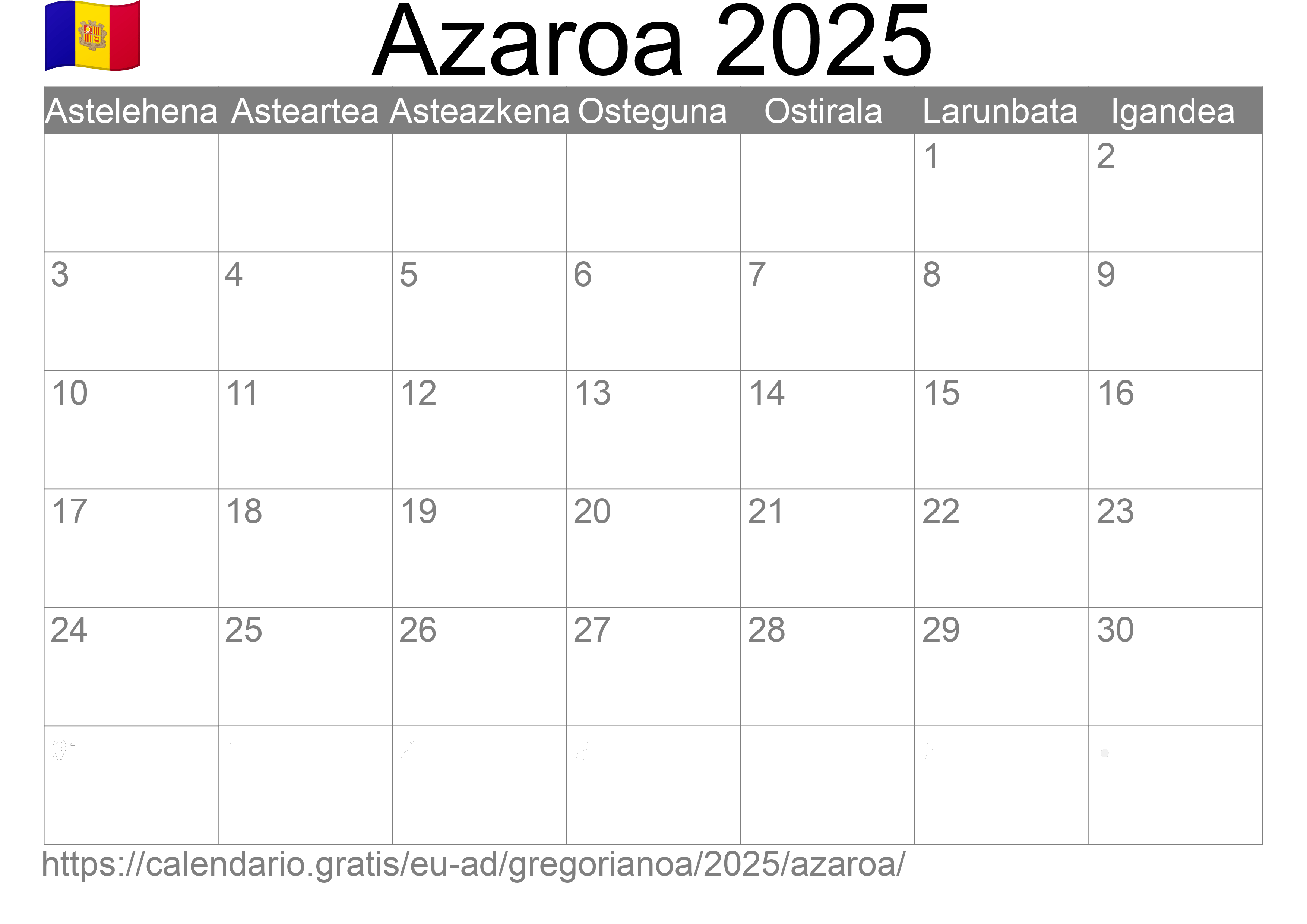 2025ko Azaroa egutegia inprimatzeko