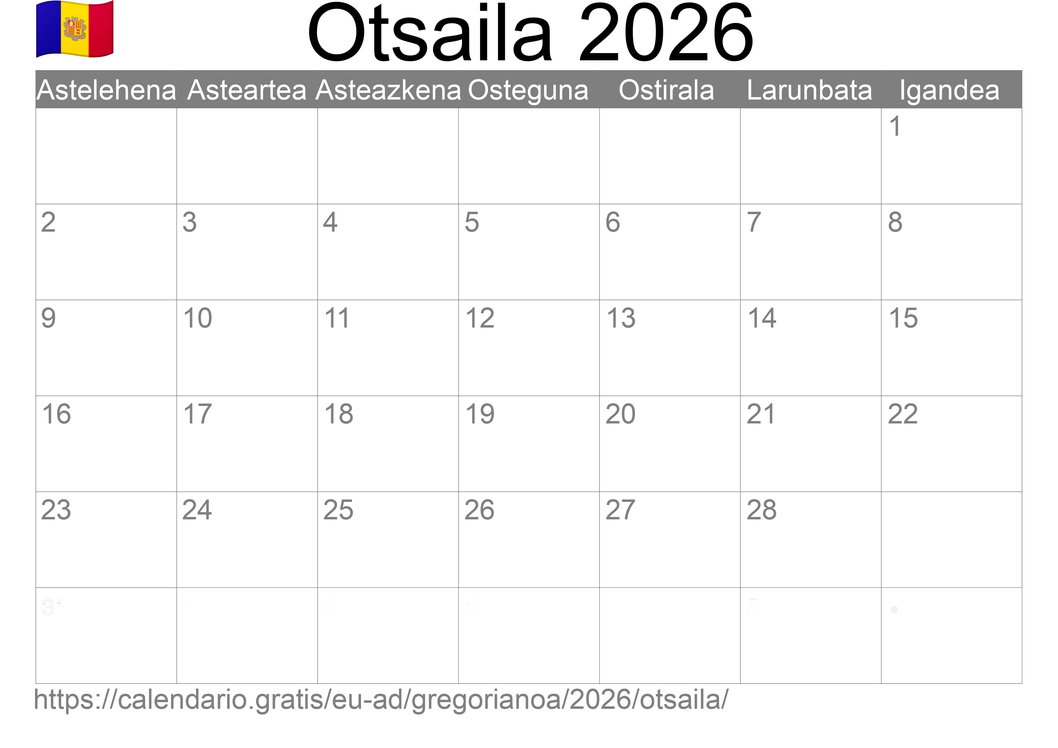 2026ko Otsaila egutegia inprimatzeko