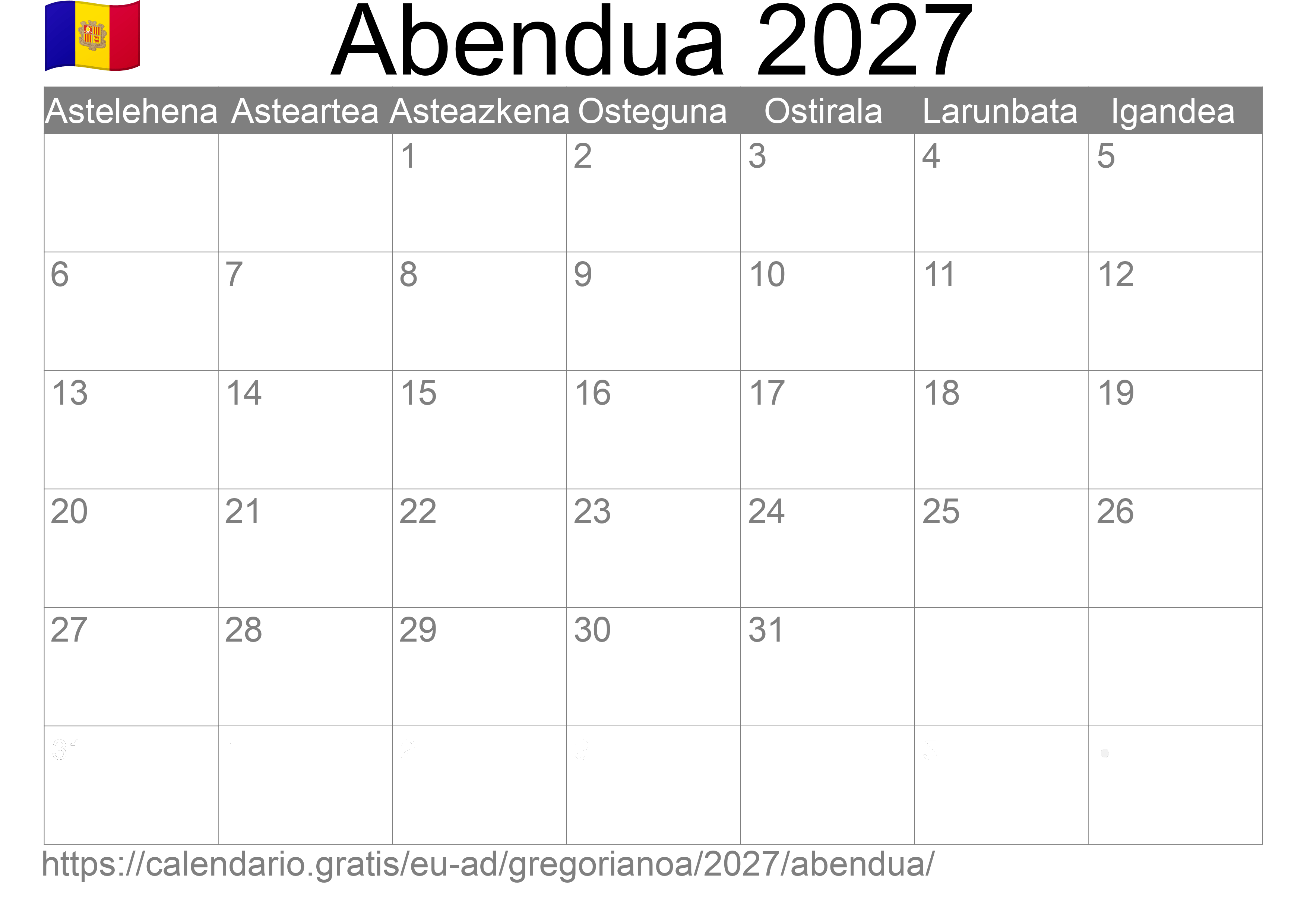 2027ko Abendua egutegia inprimatzeko