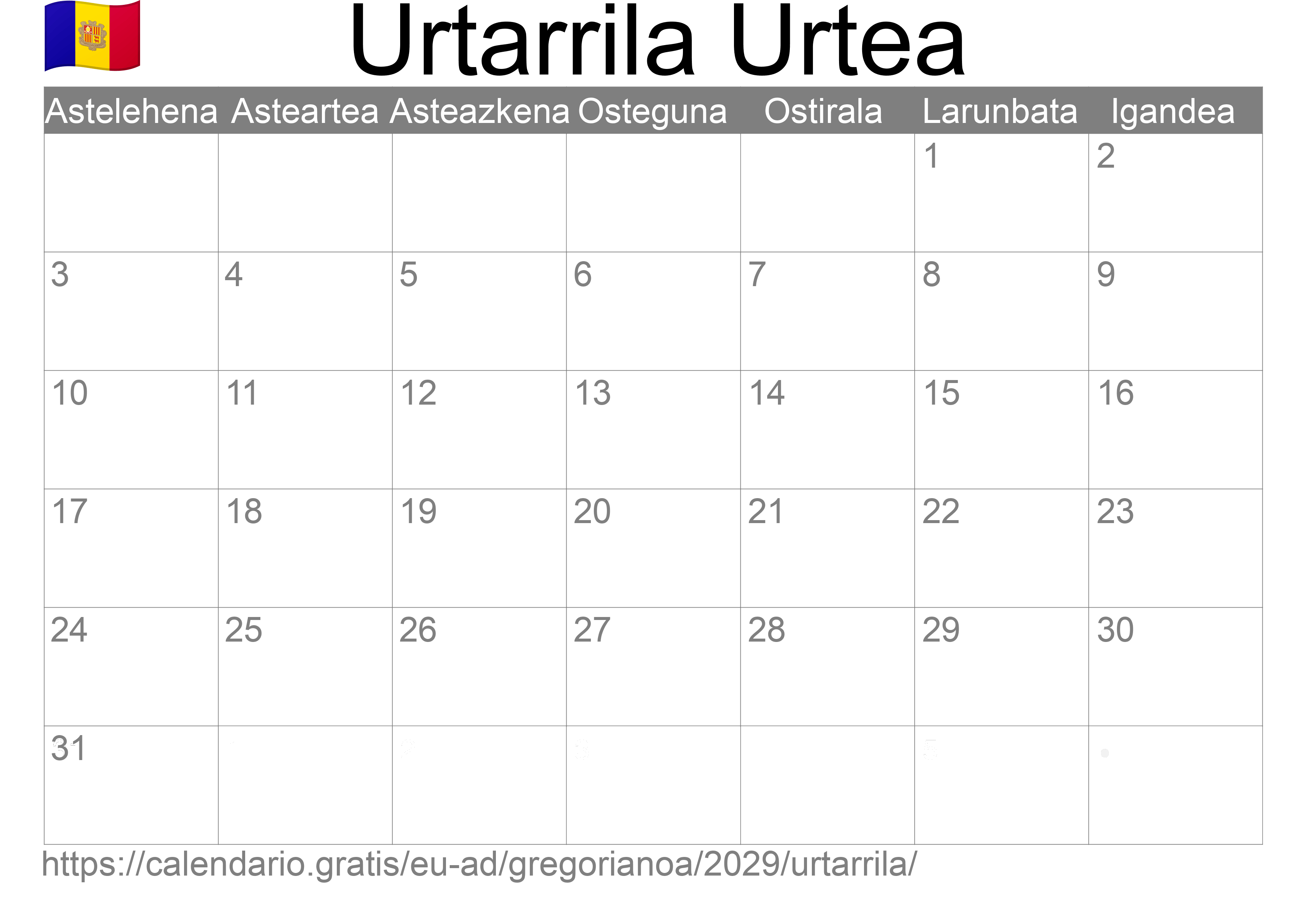 2029ko Urtarrila egutegia inprimatzeko