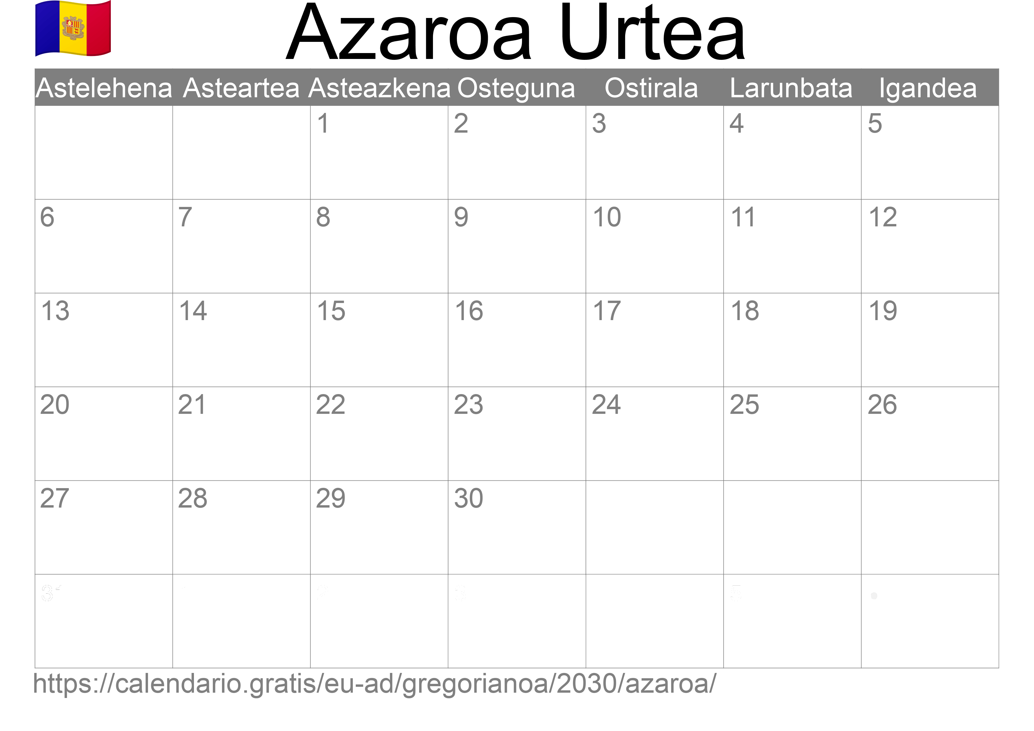 2030ko Azaroa egutegia inprimatzeko