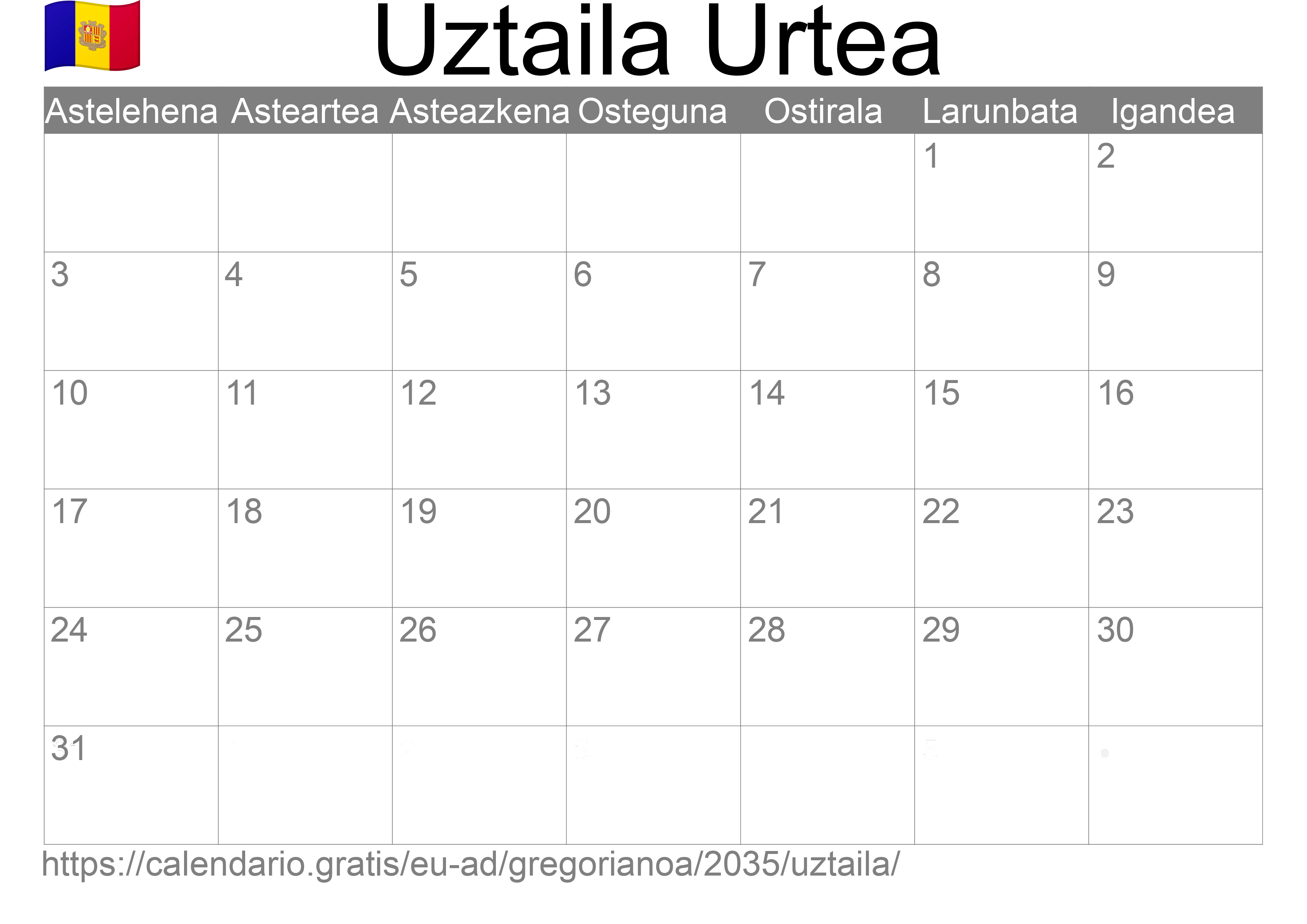 2035ko Uztaila egutegia inprimatzeko