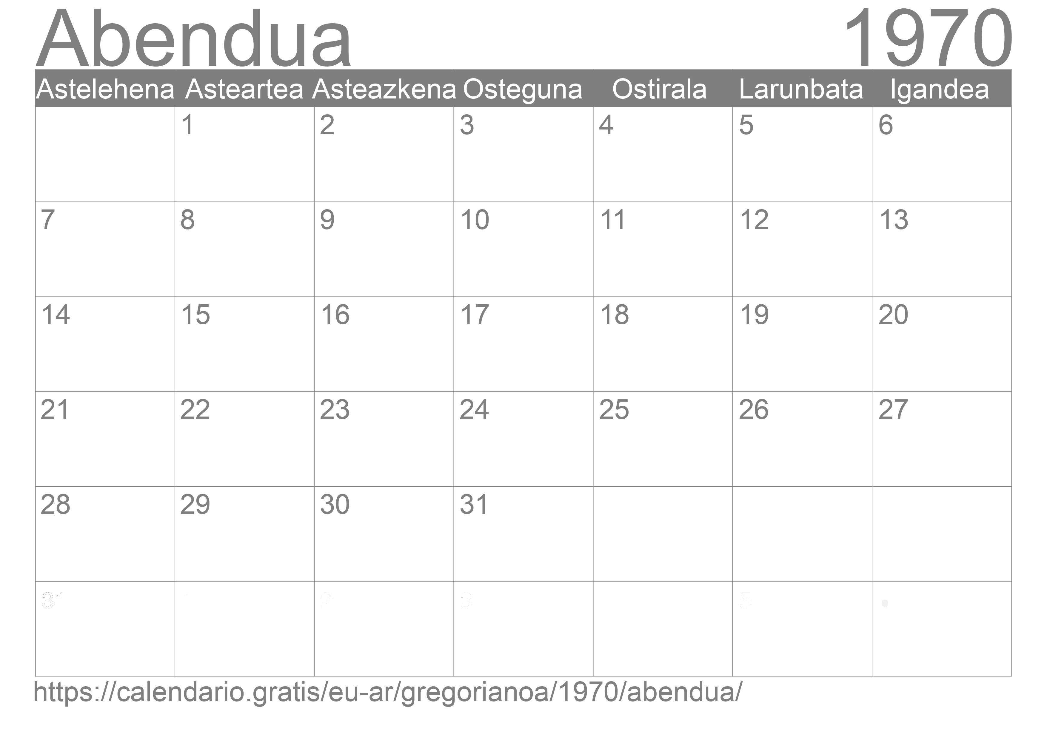 1970ko Abendua egutegia inprimatzeko