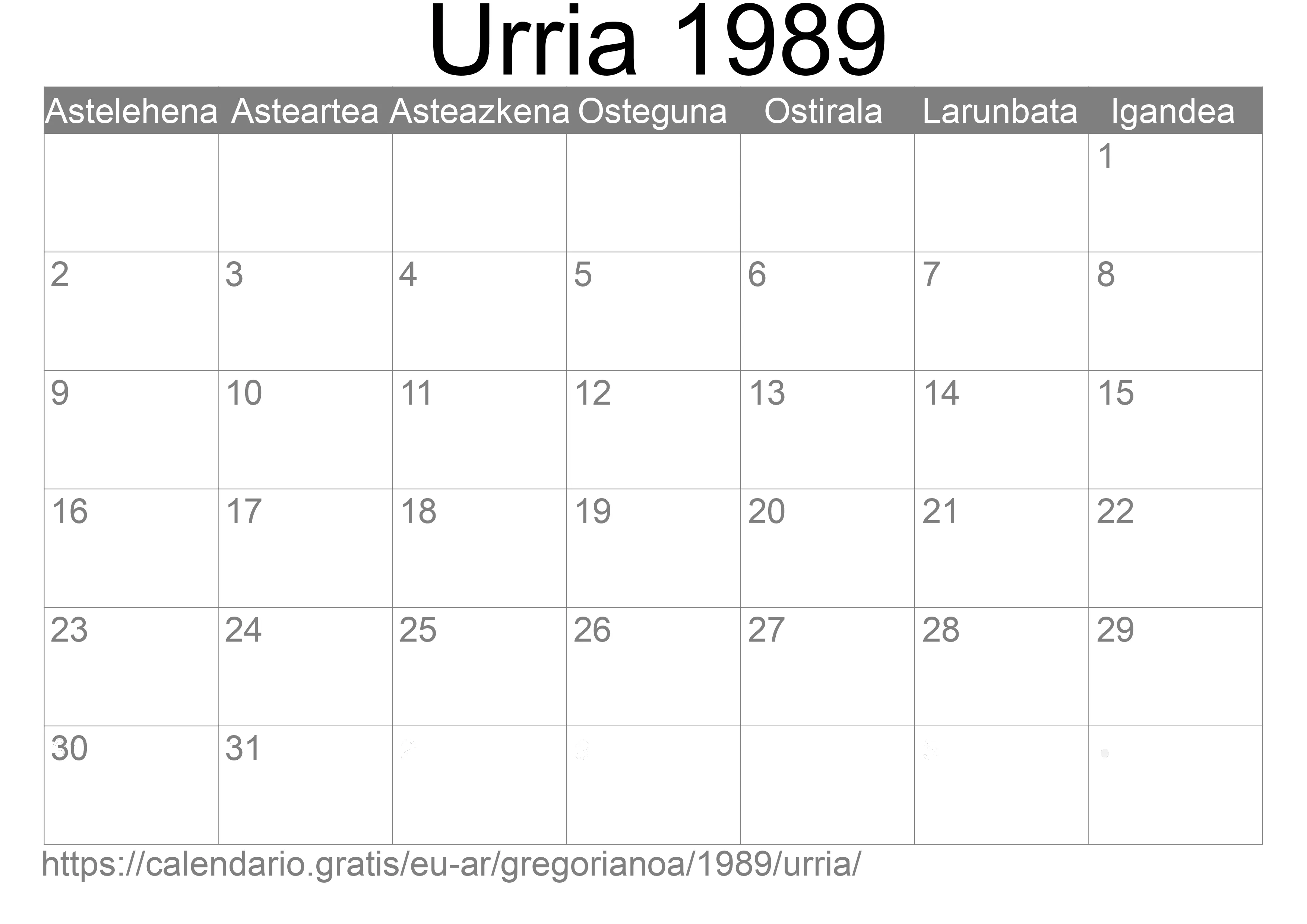 1989ko Urria egutegia inprimatzeko (Argentina) 1989ko Urria egutegia inprimatzeko (Argentina)