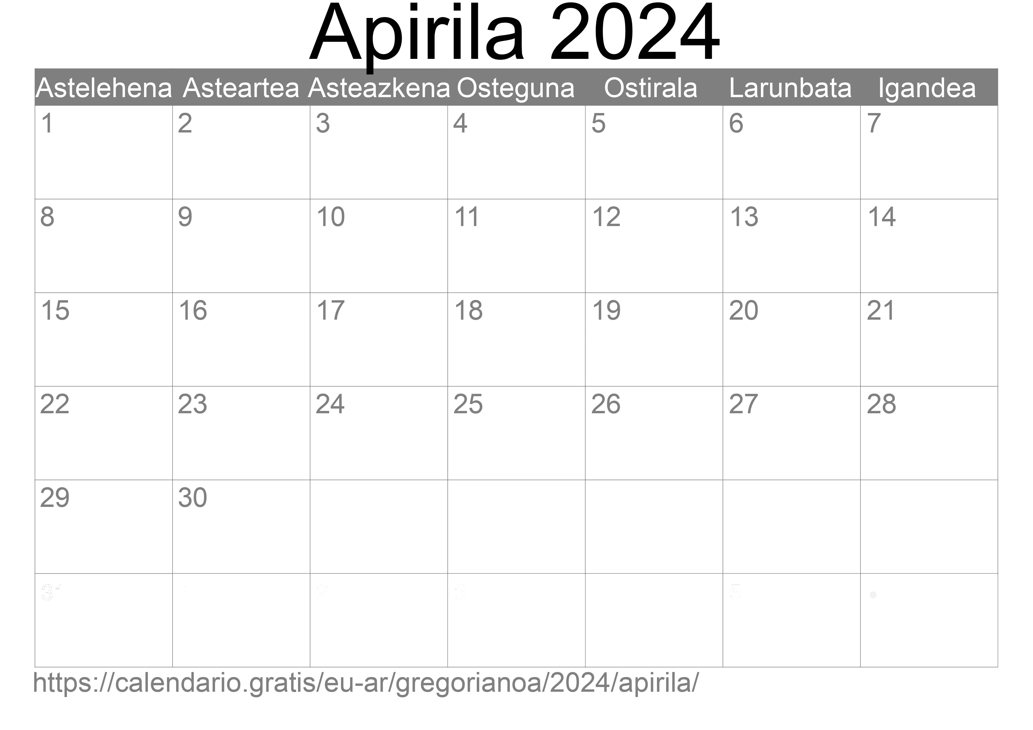 2024ko Apirila egutegia inprimatzeko (Argentina) 2024ko Apirila egutegia inprimatzeko (Argentina)