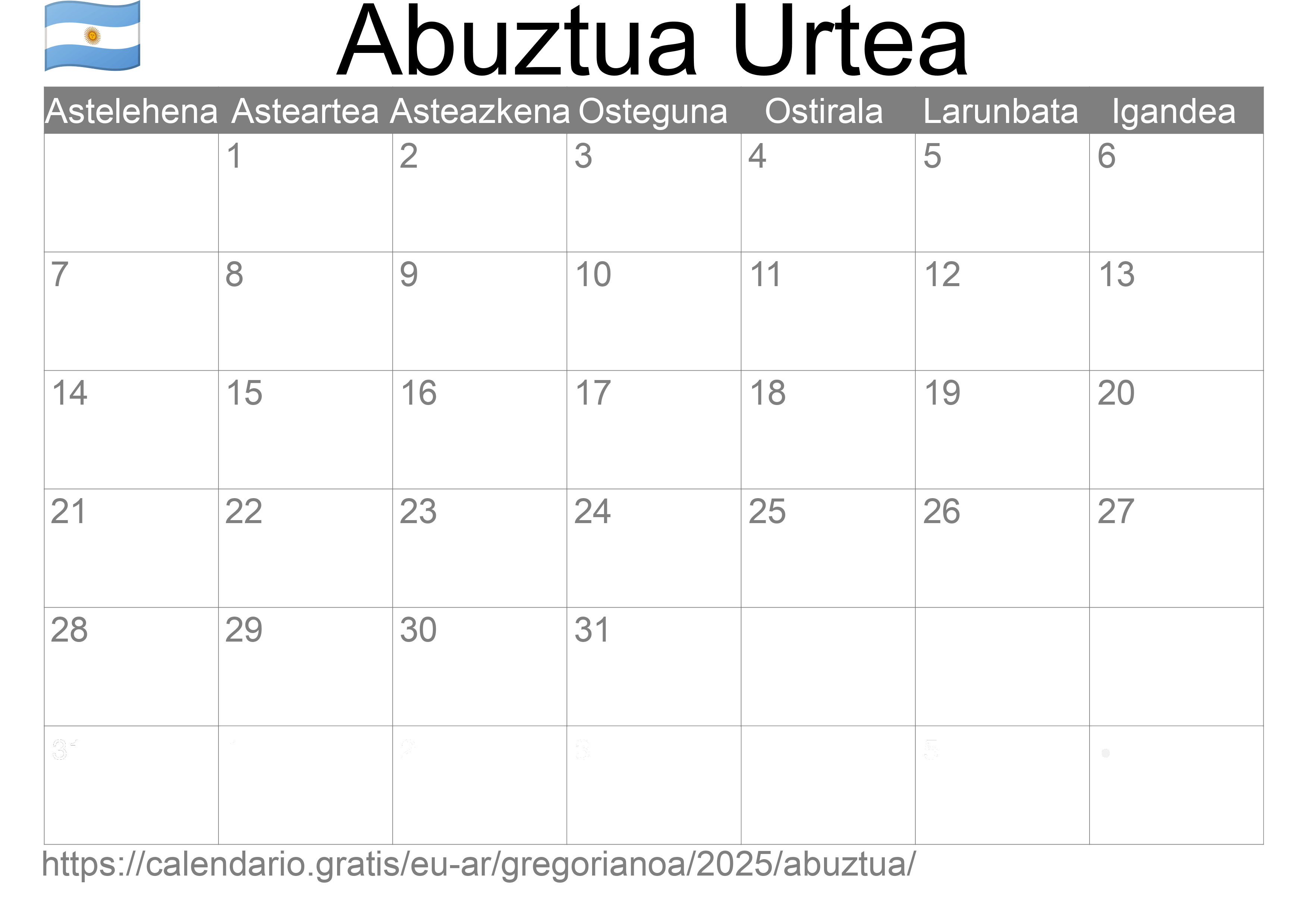 2025ko Abuztua egutegia inprimatzeko