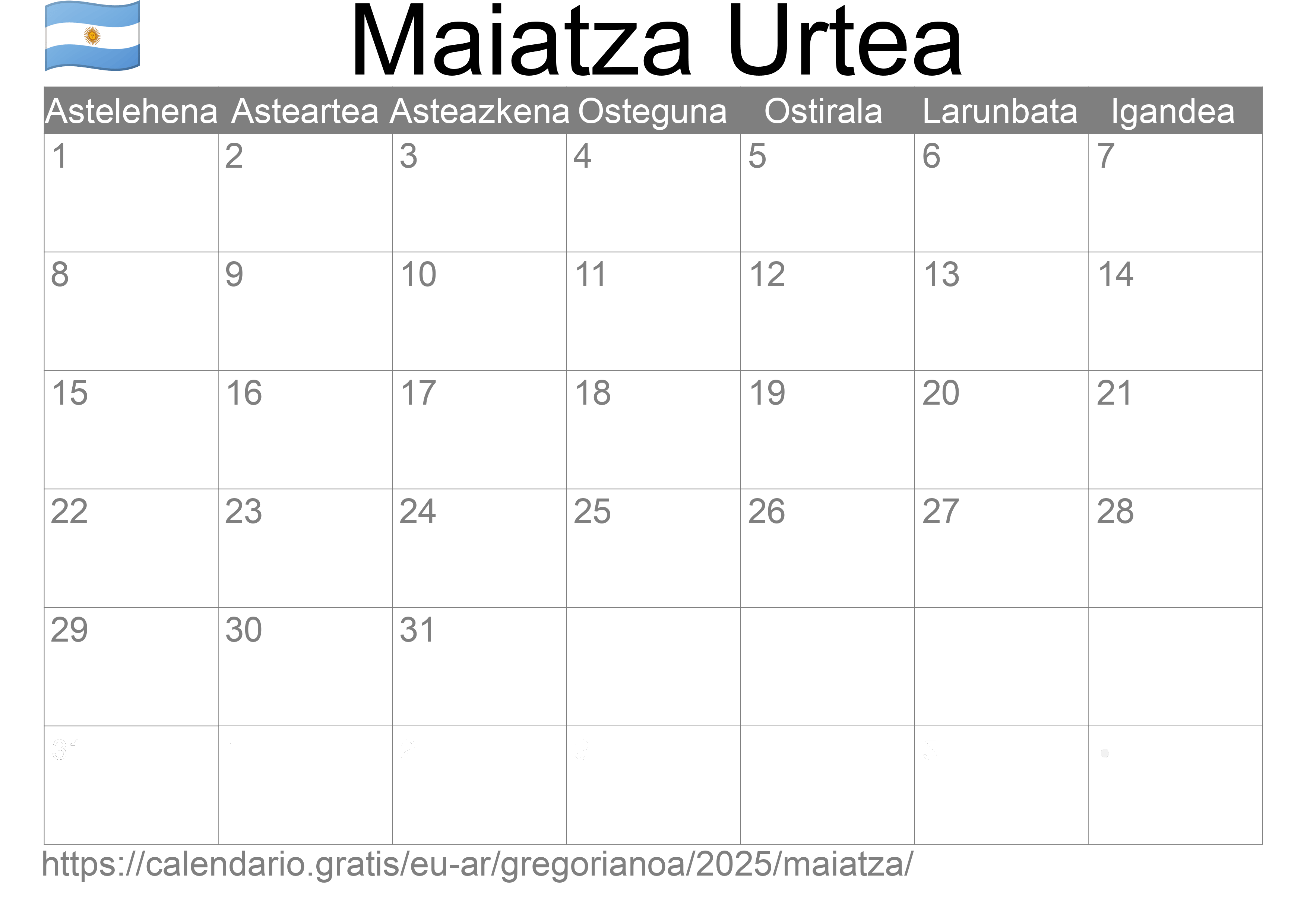 2025ko Maiatza egutegia inprimatzeko