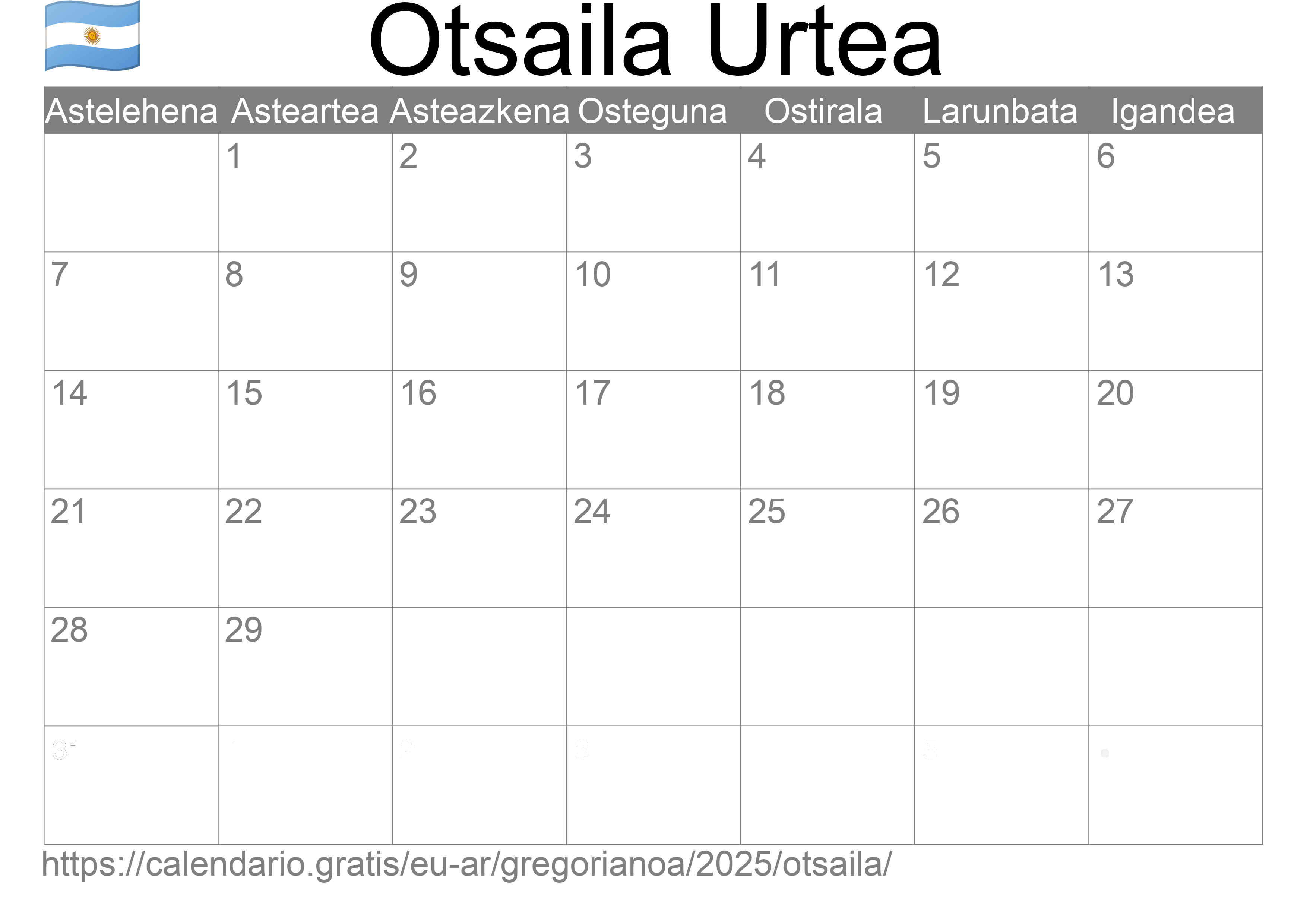 2025ko Otsaila egutegia inprimatzeko